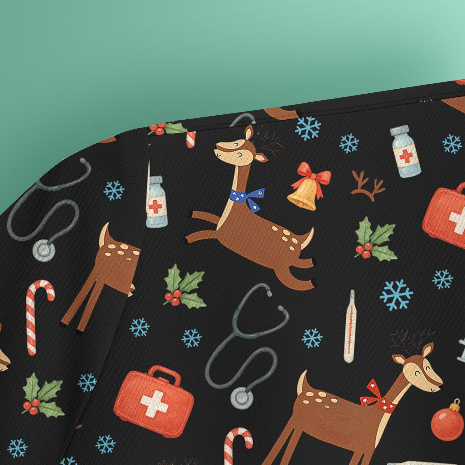Christmas Reindeer Scrub Top for Nurses - Cute Reindeers Snowflakes Candy Canes Shirt - Comfortable Med Uniform