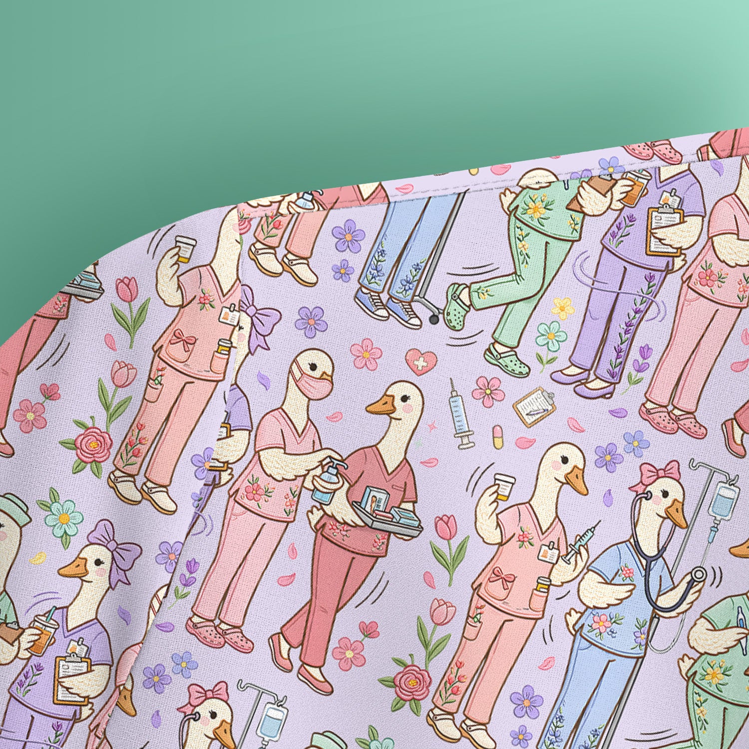 Goose Characters Floral Medical Team Uniform Pattern Scrub Top, Breathable Fabrics Nursing Uniform