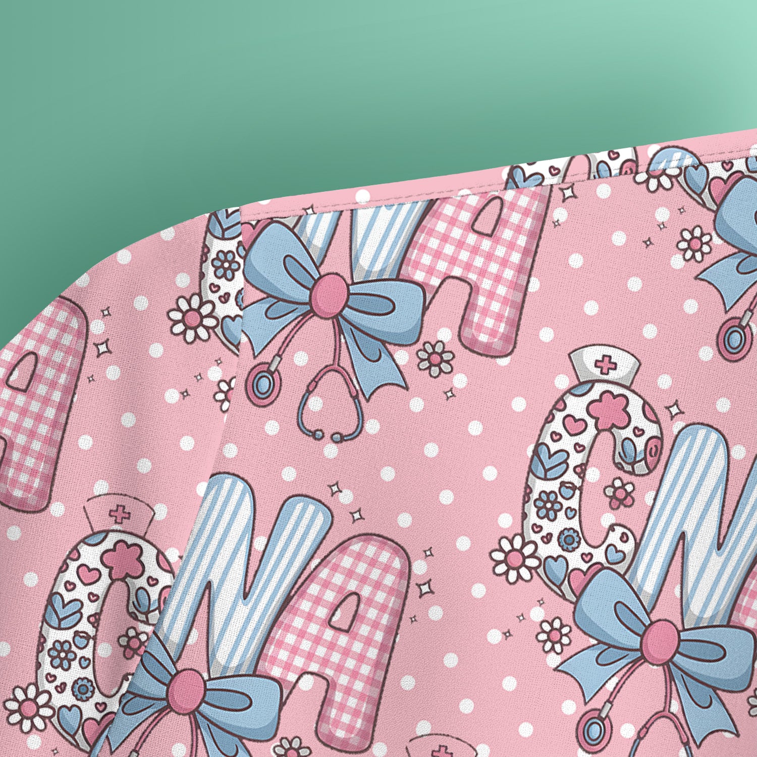 Cute CNA Floral Bow Pattern Scrub Top, Breathable Fabrics Nursing Uniform