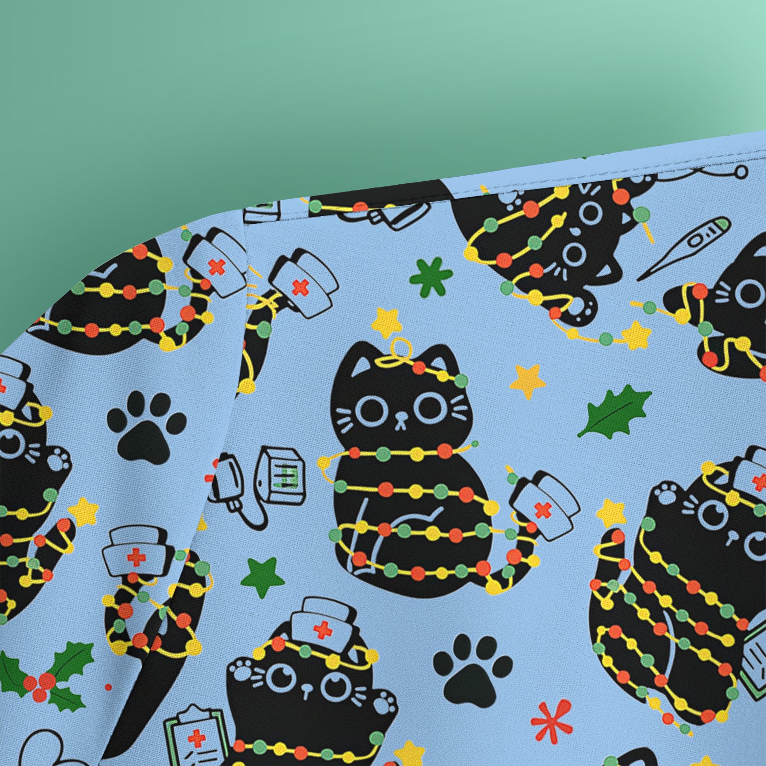 Black Cat Christmas Scrub Top – Nurse & Holiday Lights Pattern Shirt – Cute Medical Uniform For Nursing