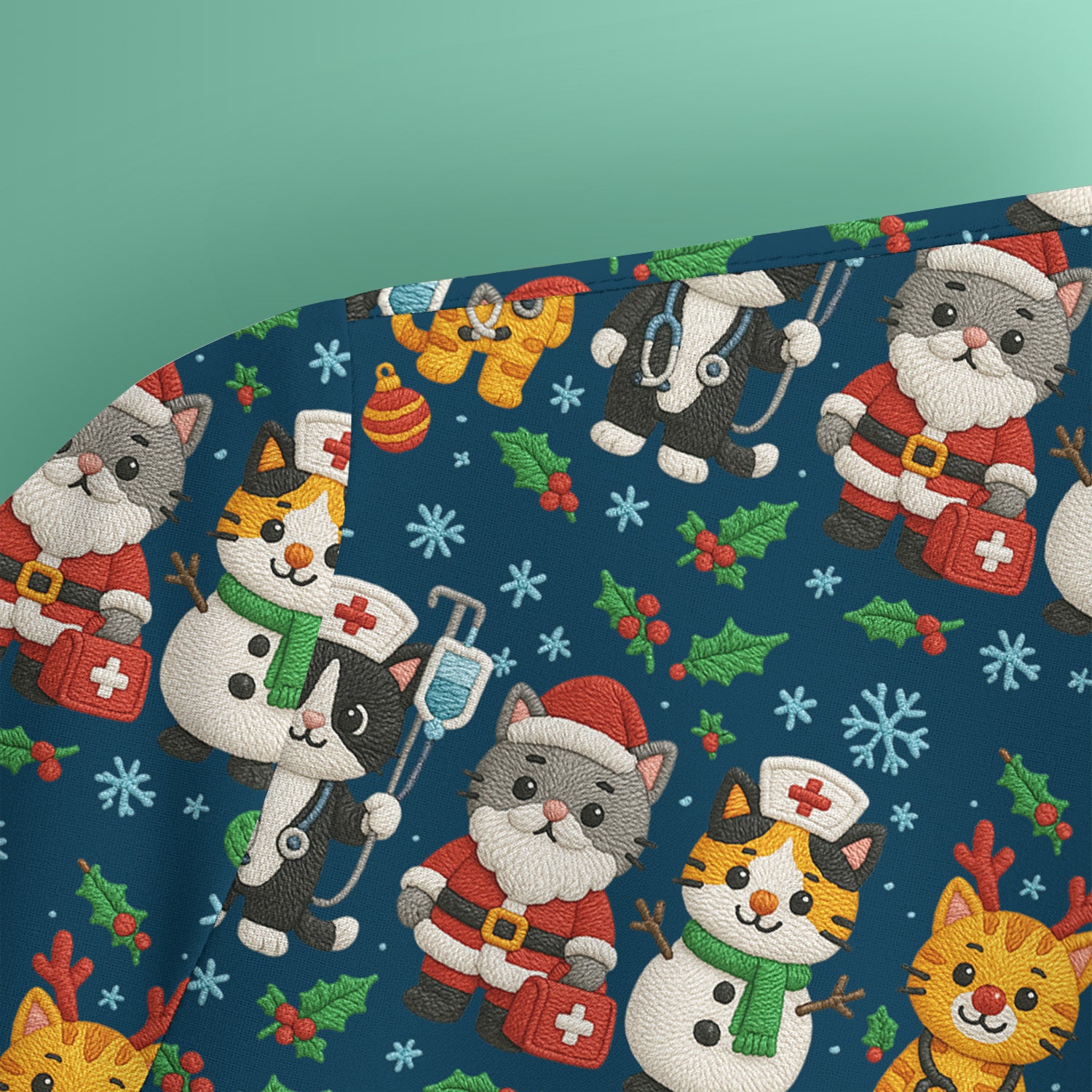Christmas Cat Nurse Pattern Scrub Top, Cute Holiday Kitty Medical Uniform Shirt For Nursing