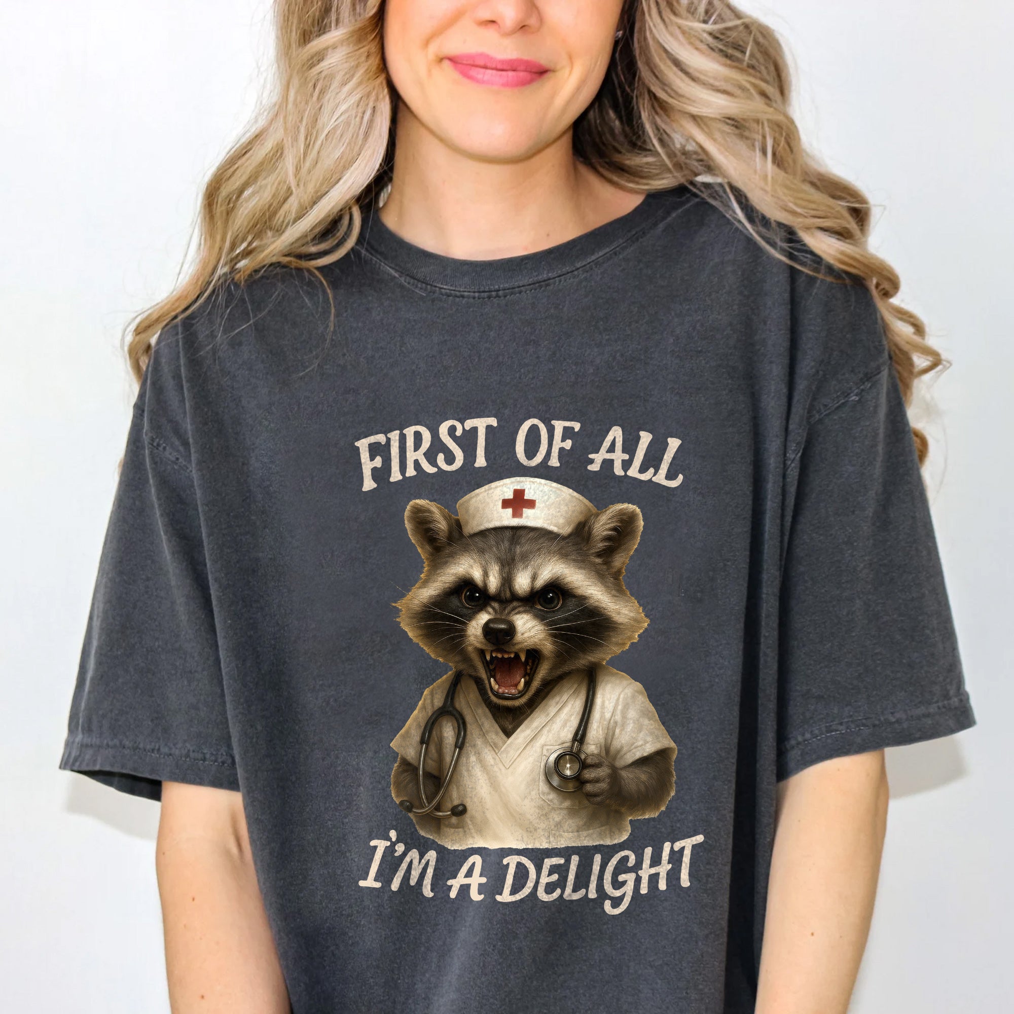 Personalized Raccoon Nurse Shirt for RN LPN CNA – Funny Quote I’m a Delight Nurse Gift – Cute Sarcastic Tee for Healthcare Workers