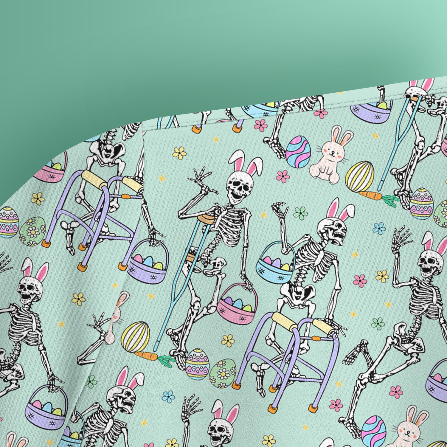 Fun Skeleton Bunny Easter Print Scrub Top, Comfortable Scrubs for Nurses