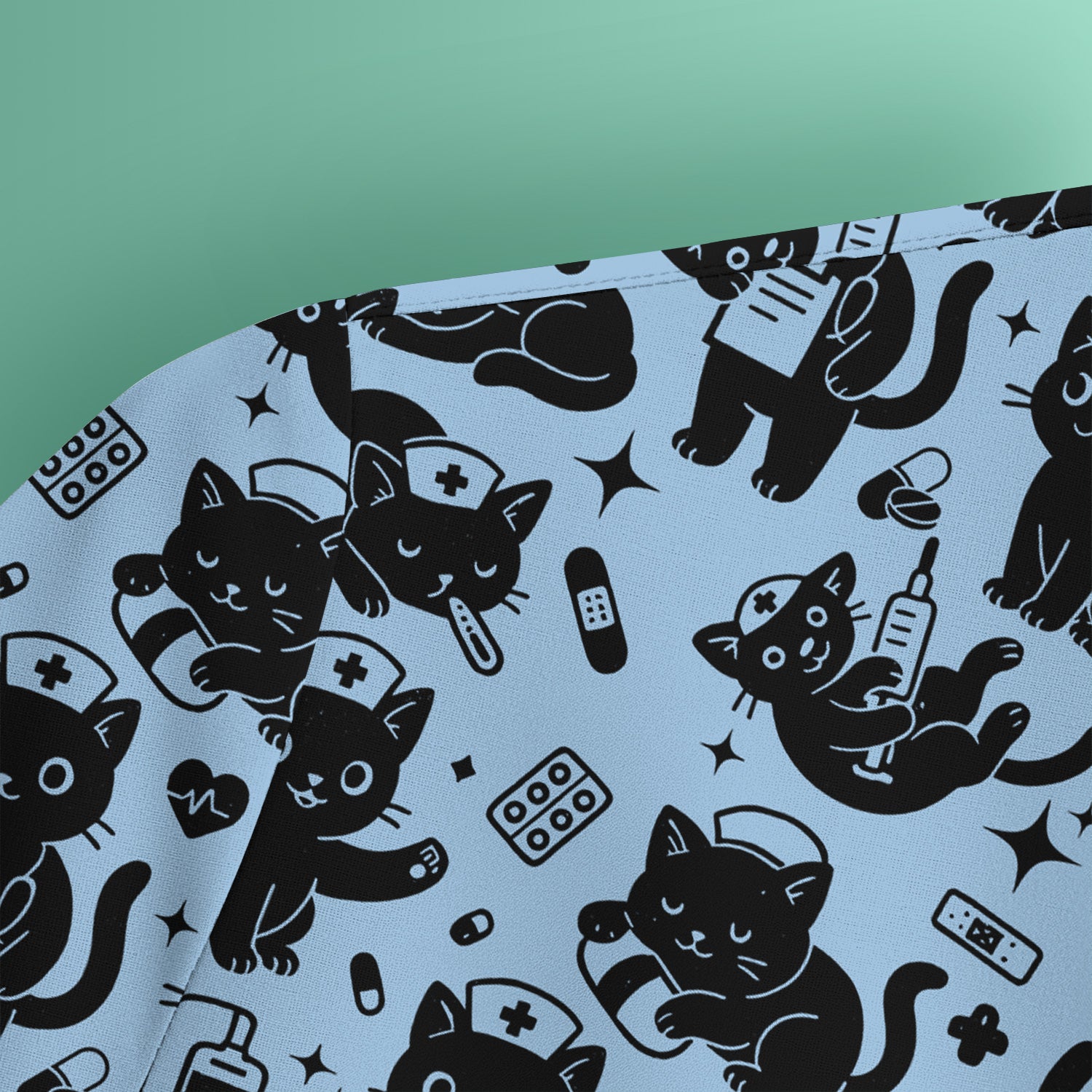 Cute Black Cat Nurse Pattern Scrub Top, Breathable Fabrics Nursing Uniform