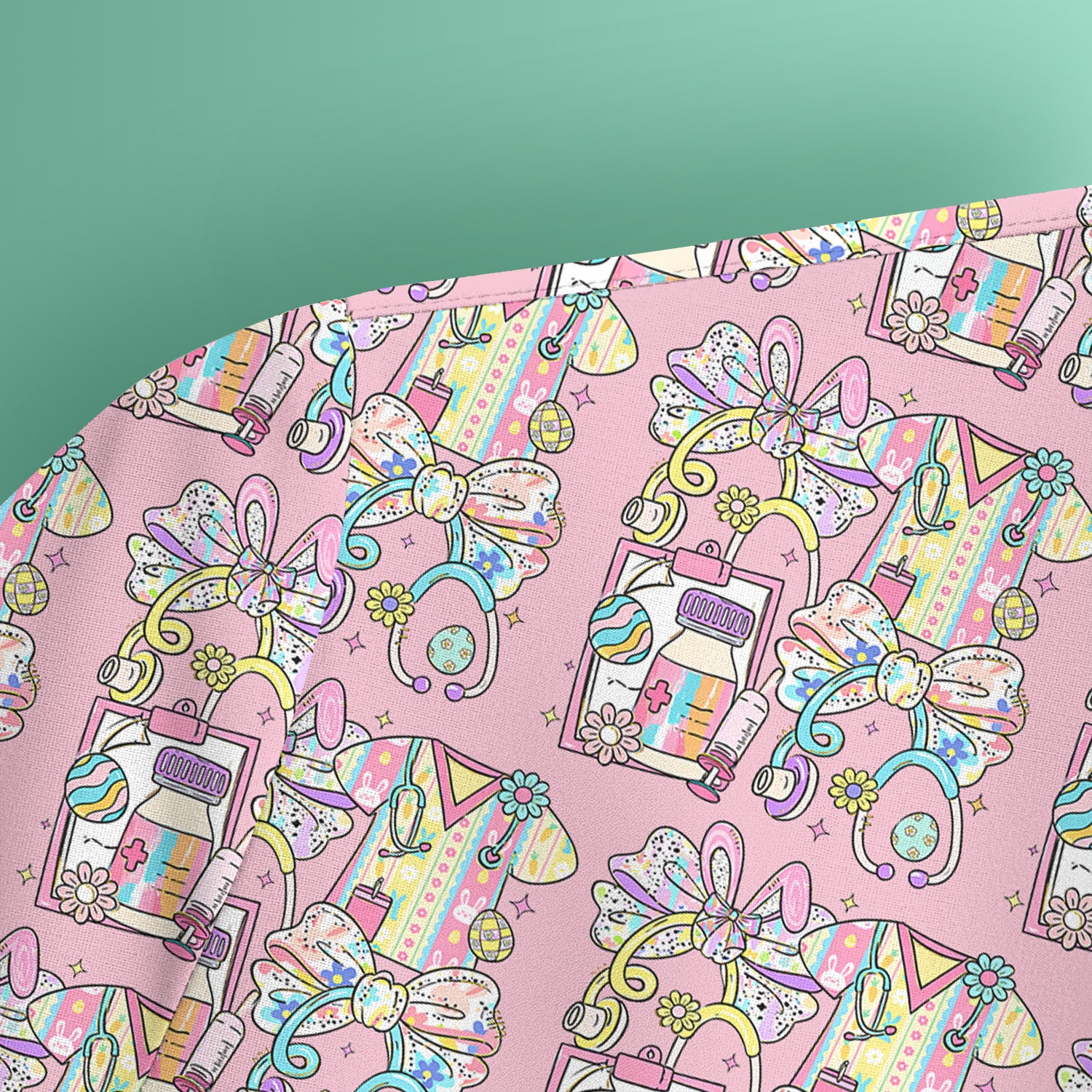 Colorful Nurse Scrub Supplies Pattern Scrub Top, Breathable Fabrics Nursing Uniform