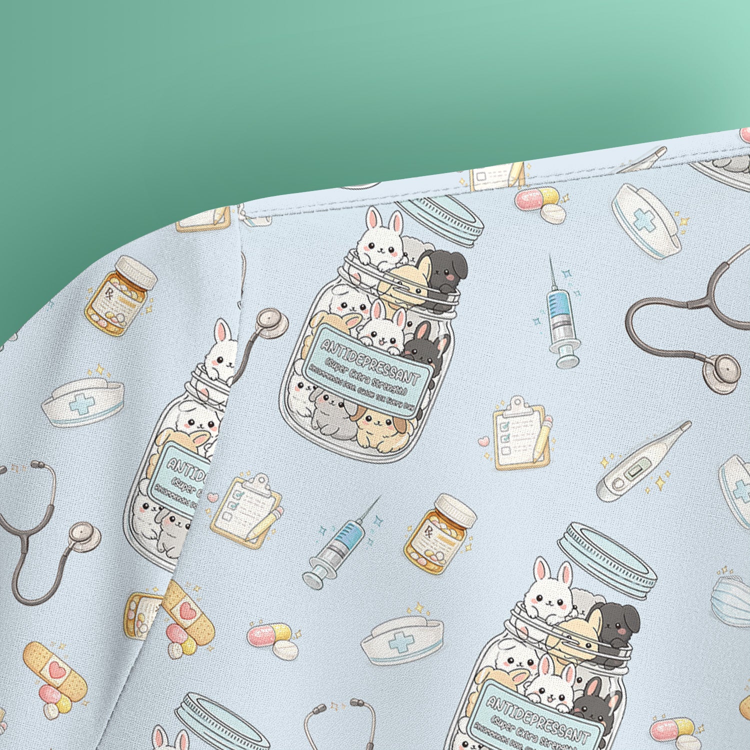Whimsical Antidepressant Rabbit Jar Design Nurse Scrub Top, Soft & Breathable Workwear