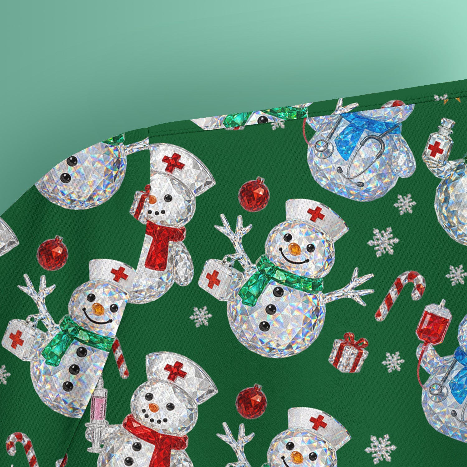 Nurse Snowman Christmas Scrub Top, Cute Holiday Medical Pattern Shirt For Women, Winter Snowflake Nursing Uniform