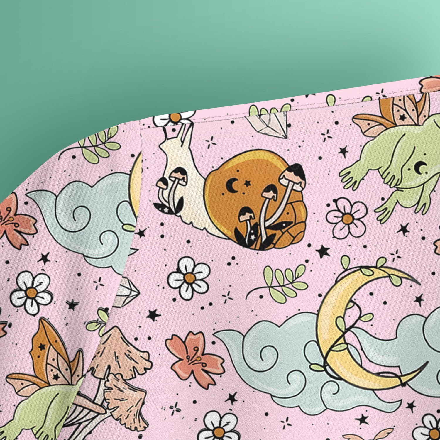 Whimsical Frog Moon Mushroom Pattern Scrub Top, Fantasy Nature Print, Breathable Fabrics Nursing Uniform