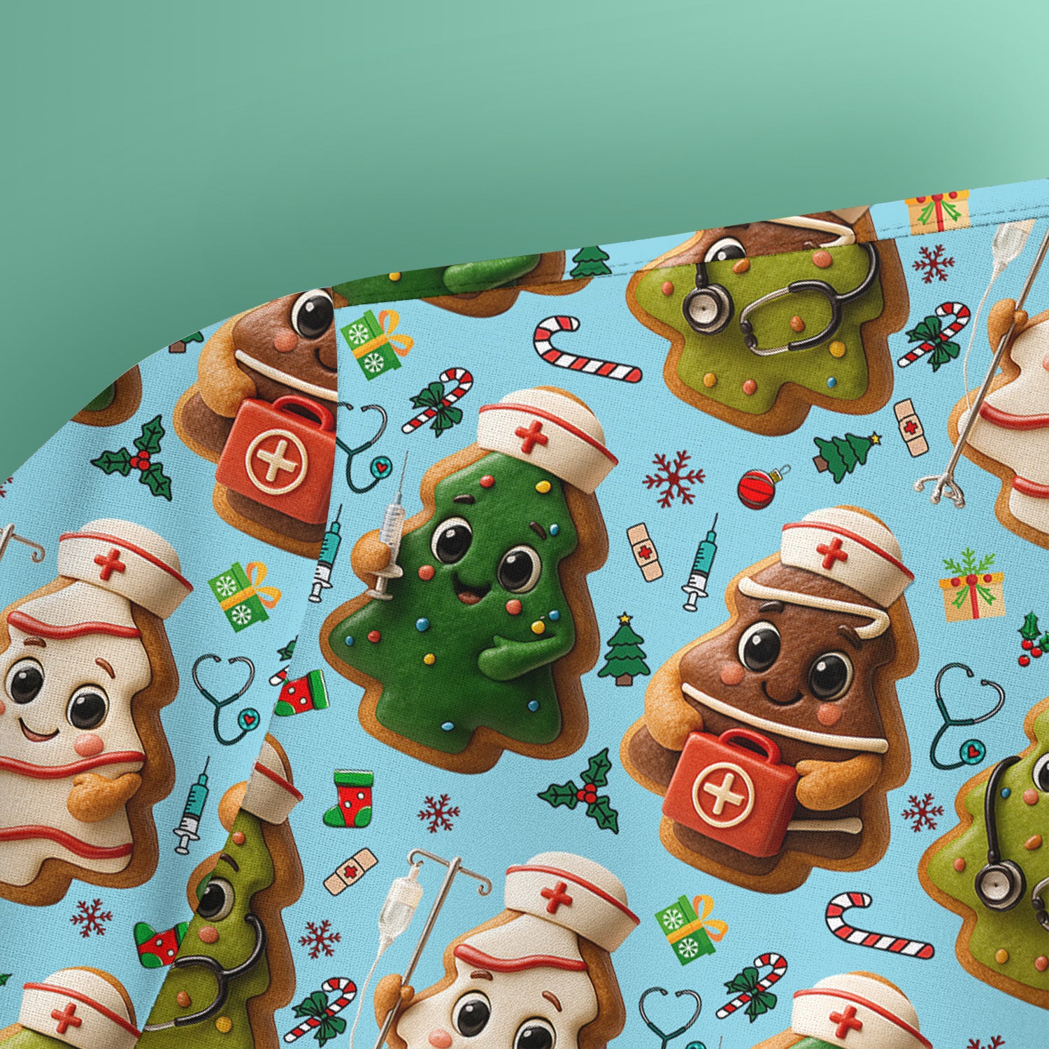 Christmas Cookie Scrub Top – Festive Nurse & Holiday Tree Pattern – Cute Medical Uniform for Nurses, Vets and Healthcare Workers