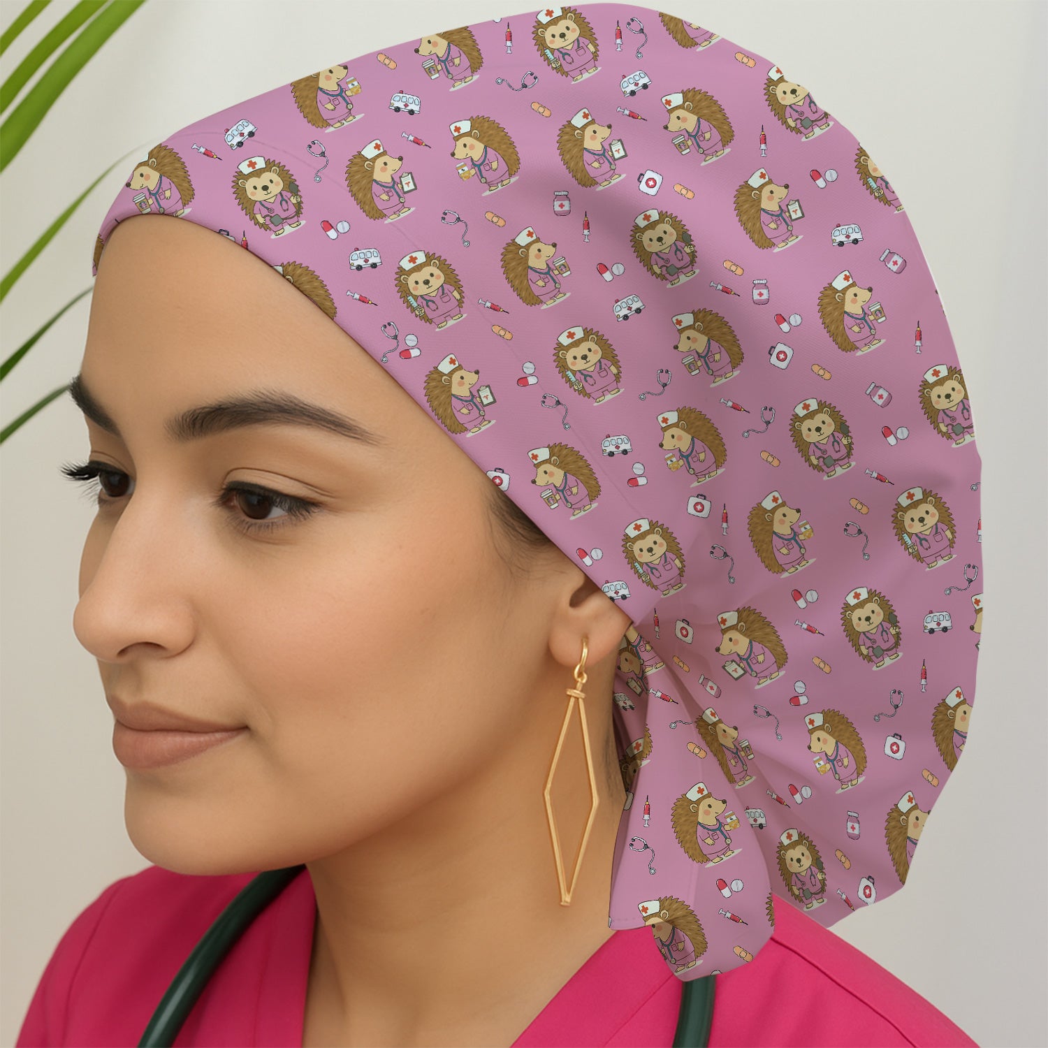 Cute Nurse Animal Scrub Cap - Cute Hedgehog with Coffee & Stethoscope Design - Gift for Healthcare Workers & Vet Techs