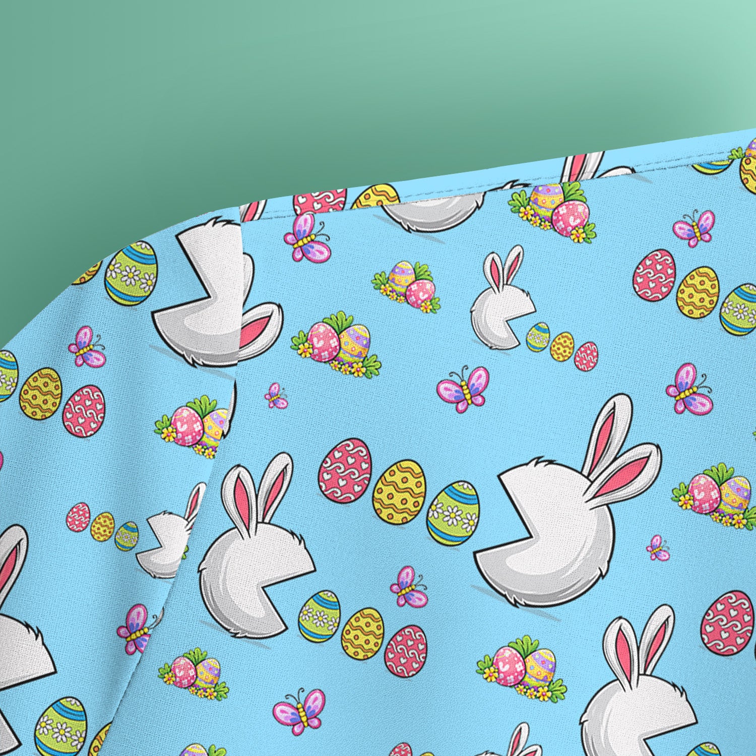 Easter Bunny and Colorful Eggs Print Scrub Top, Breathable Fabrics Nursing Uniform