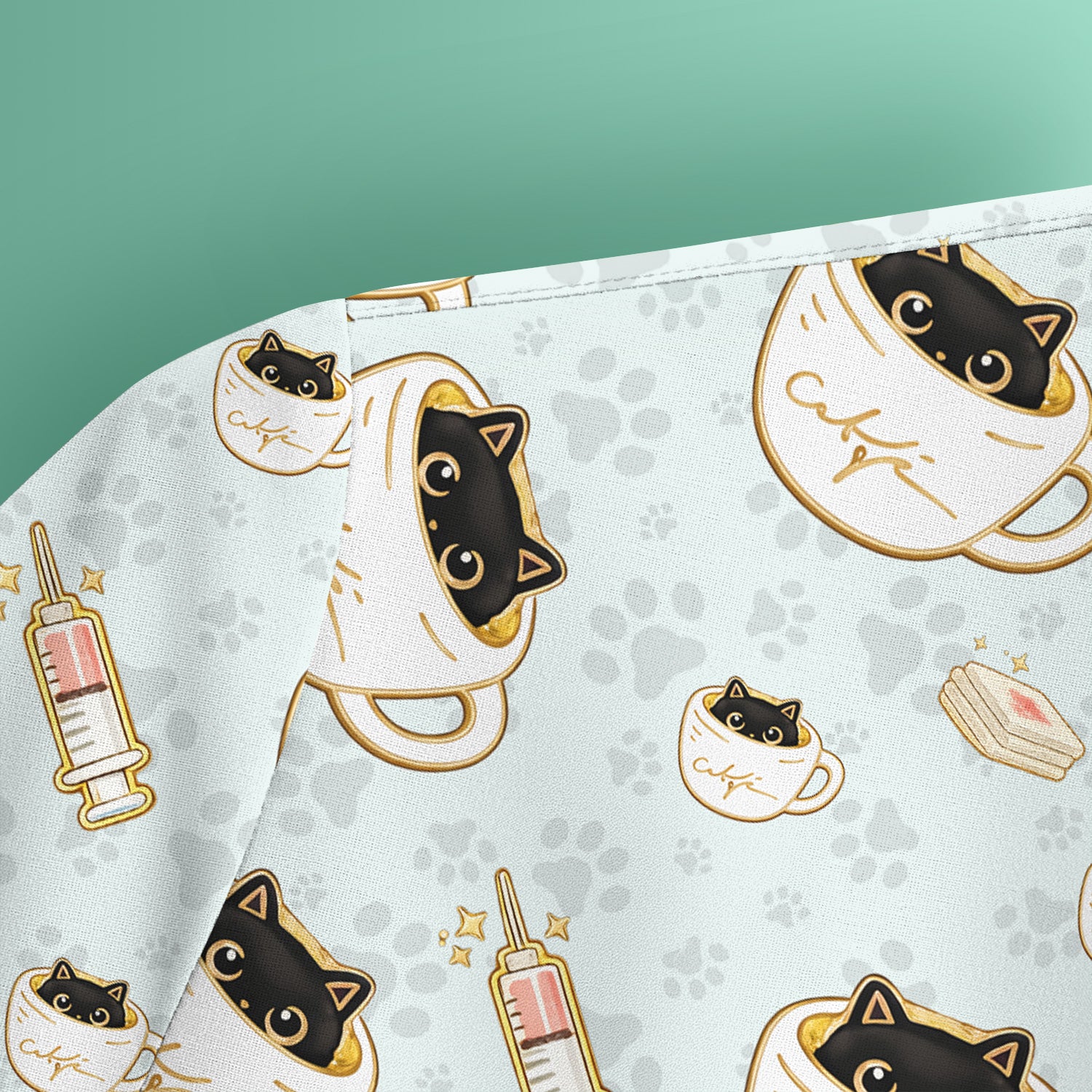 Cute Coffee Cat Medical Print Scrub Top, Breathable Fabrics Nursing Uniform