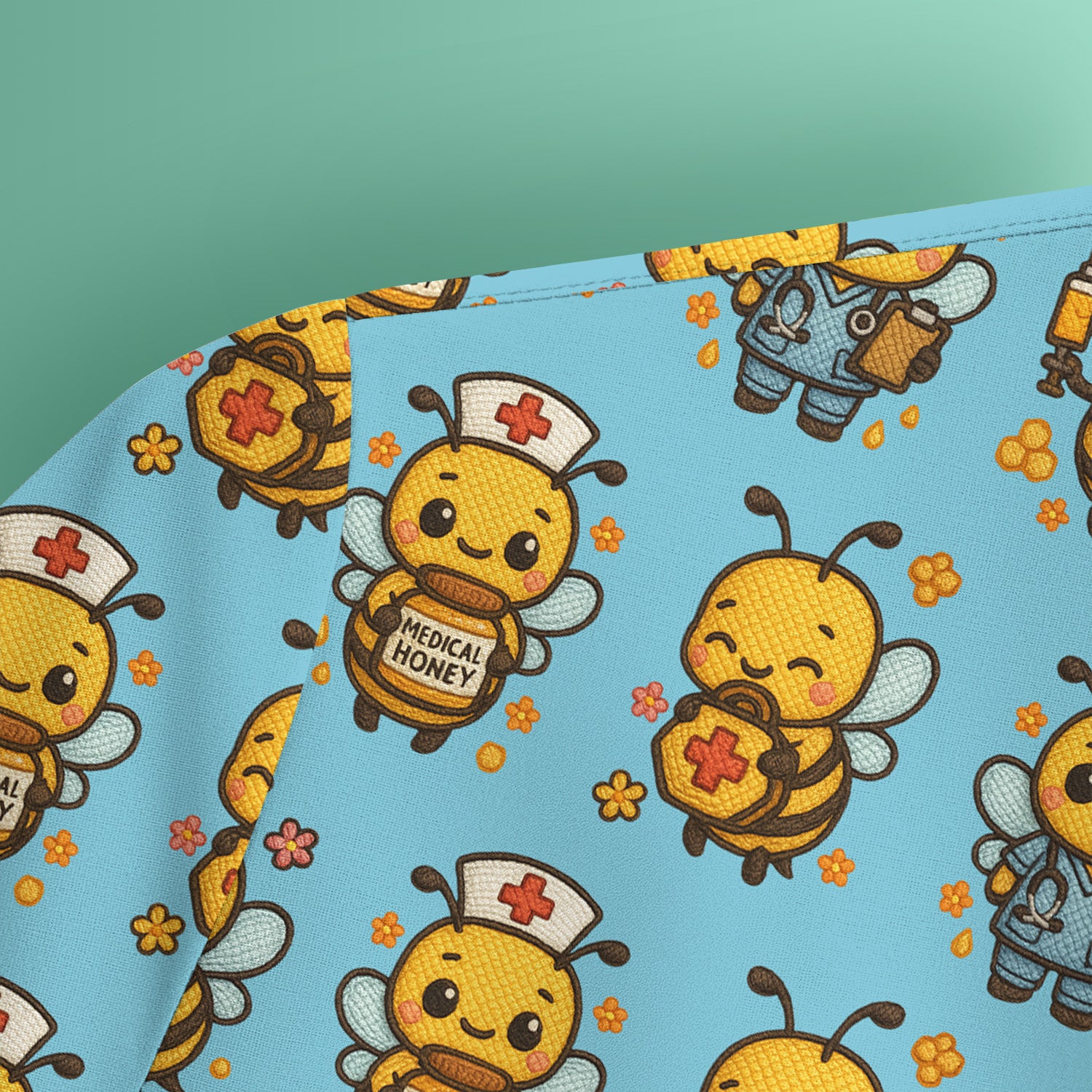 Cute Nurse Bee Scrub Top, Kawaii Medical Honey Bee Pattern Shirt for Nursing Professionals