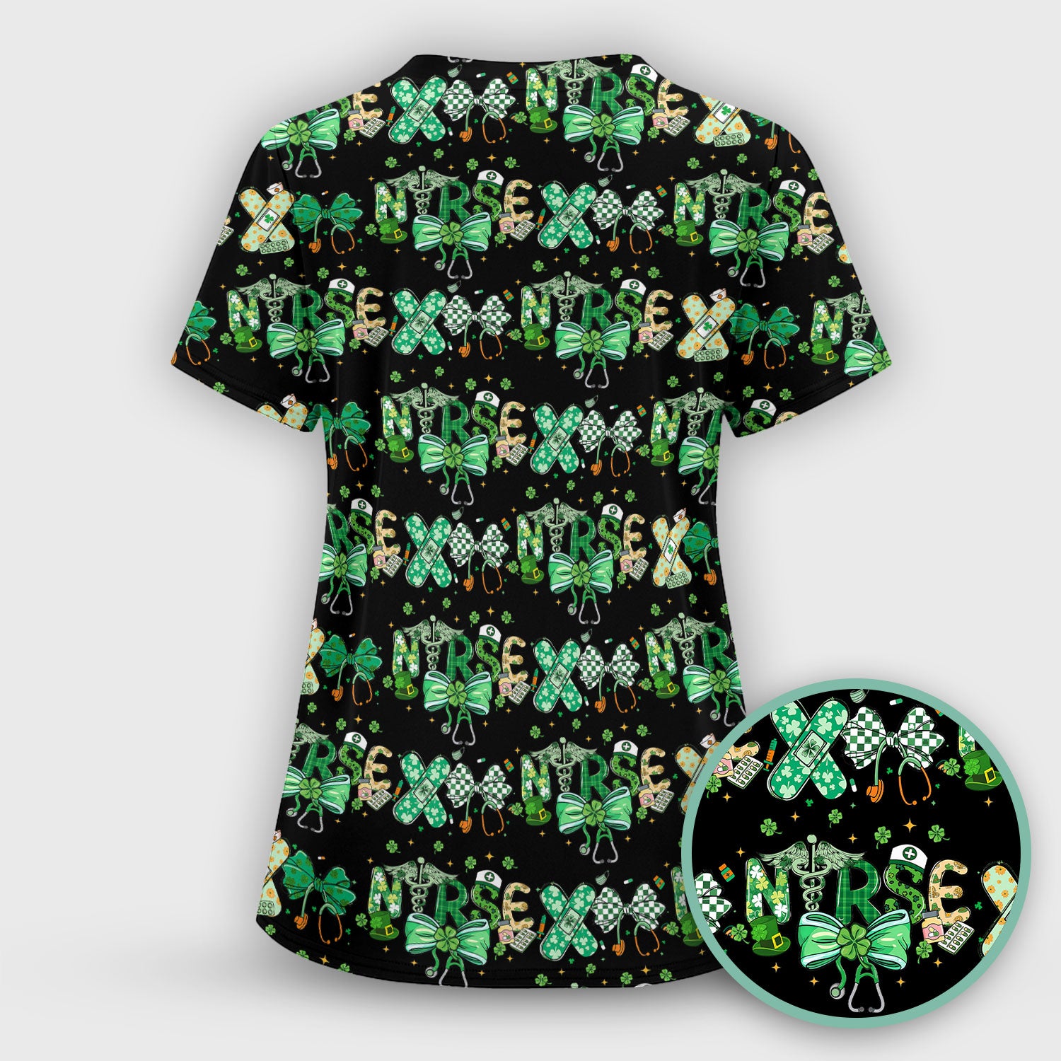 St. Patrick’s Nurse Scrub Top, Lucky Clover And Green Bow Pattern Nurse Shirt, Breathable Fabrics Nursing Uniform