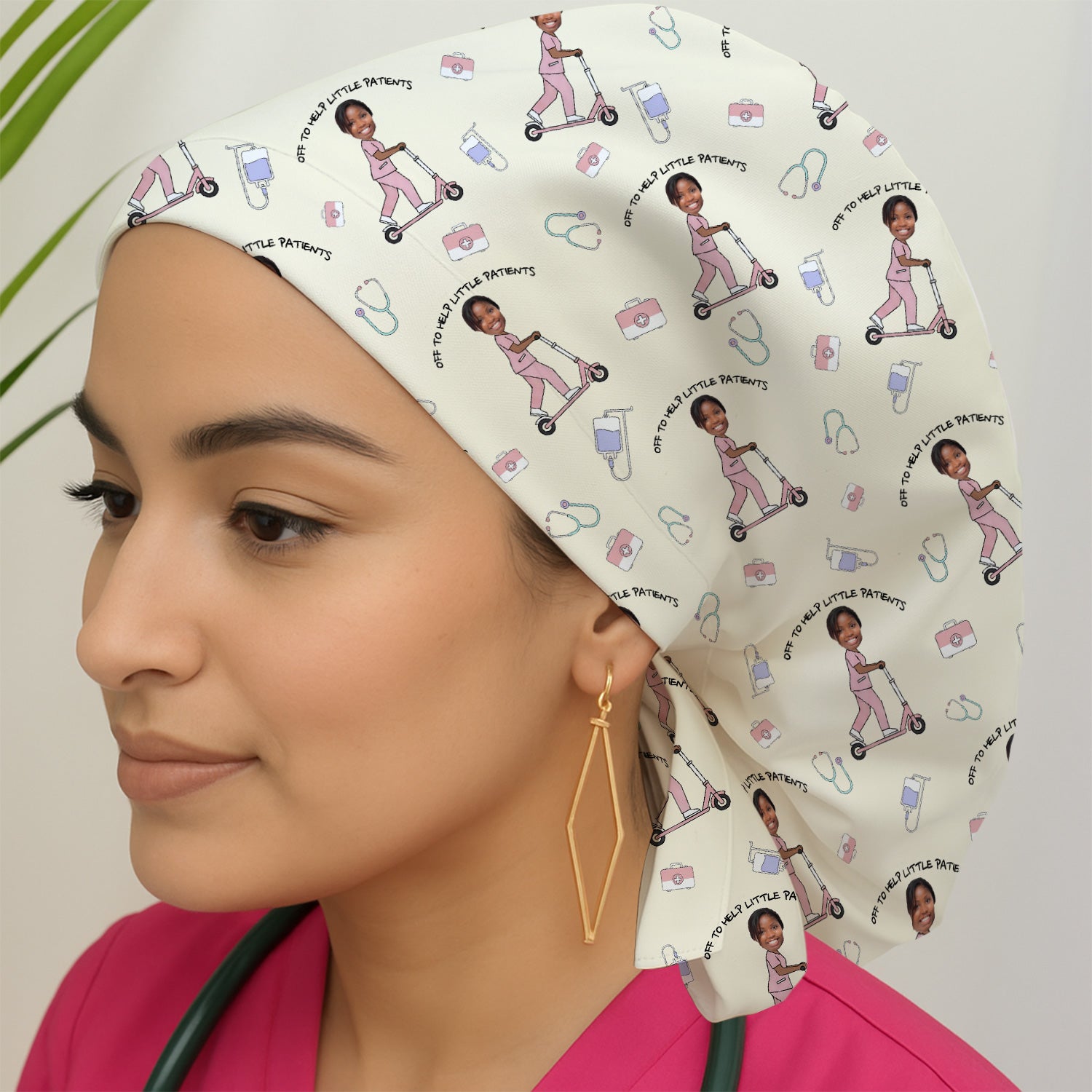 Custom Face Pediatric Nurse Scooter Pattern Scrub Cap, Surgical Caps for Doctors