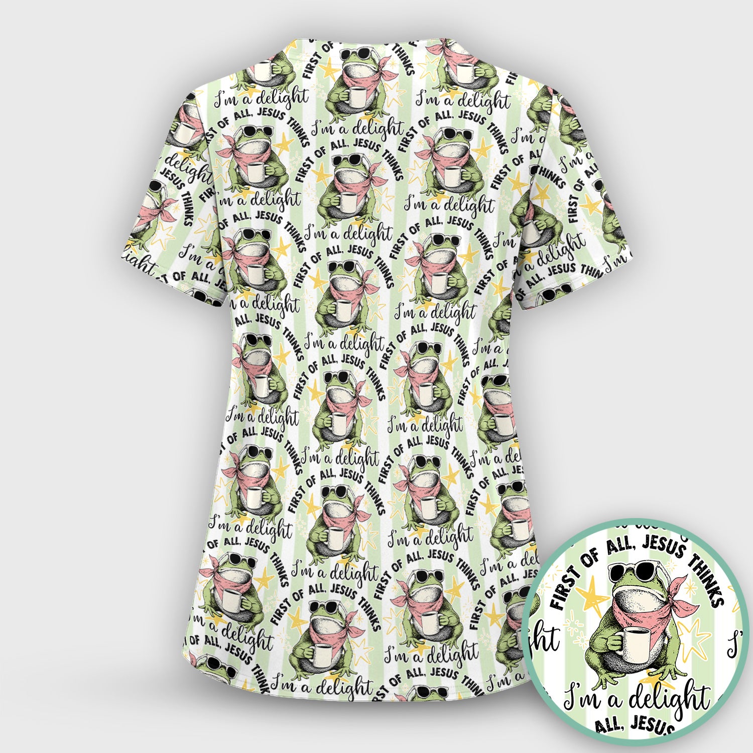 Funny Frog Coffee Quote Pattern Scrub Set, Scrub Pants and V Neck Top