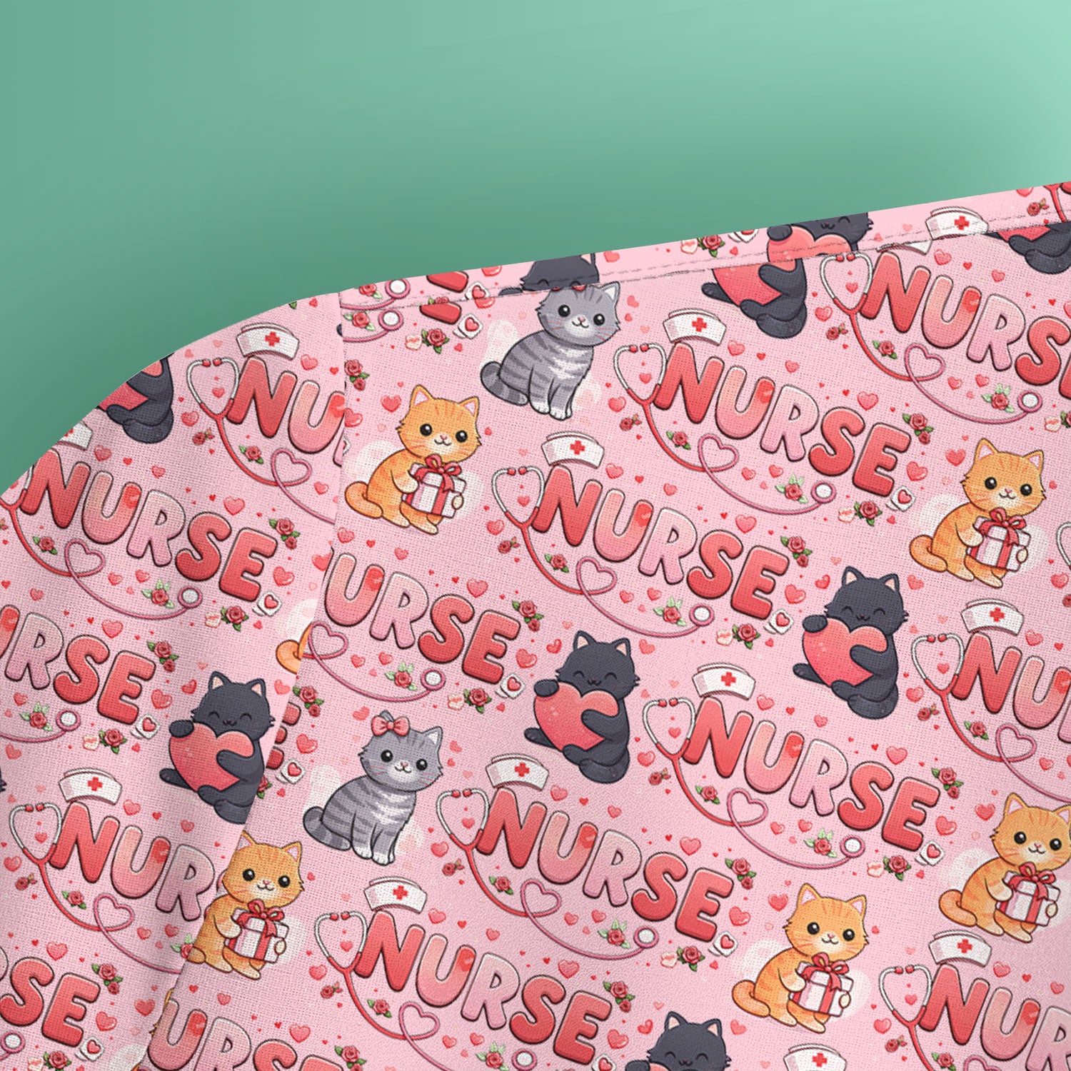 Nurse Cat Heart Pattern Valentine Scrub Top, Comfortable Scrubs for Nurses