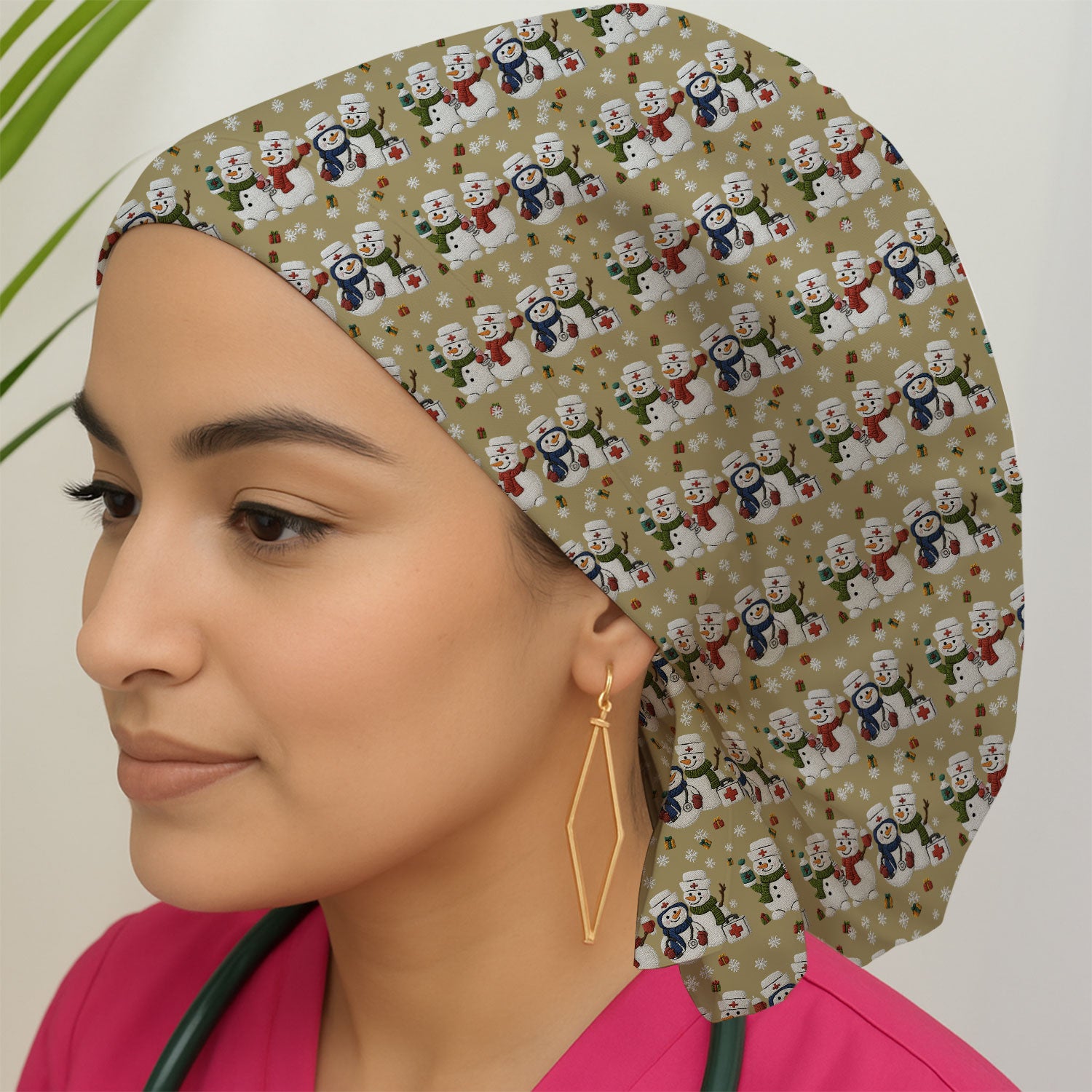 Cute Christmas Snowman Nurse Pattern Print Cap, Bouffant Scrub Caps for Women