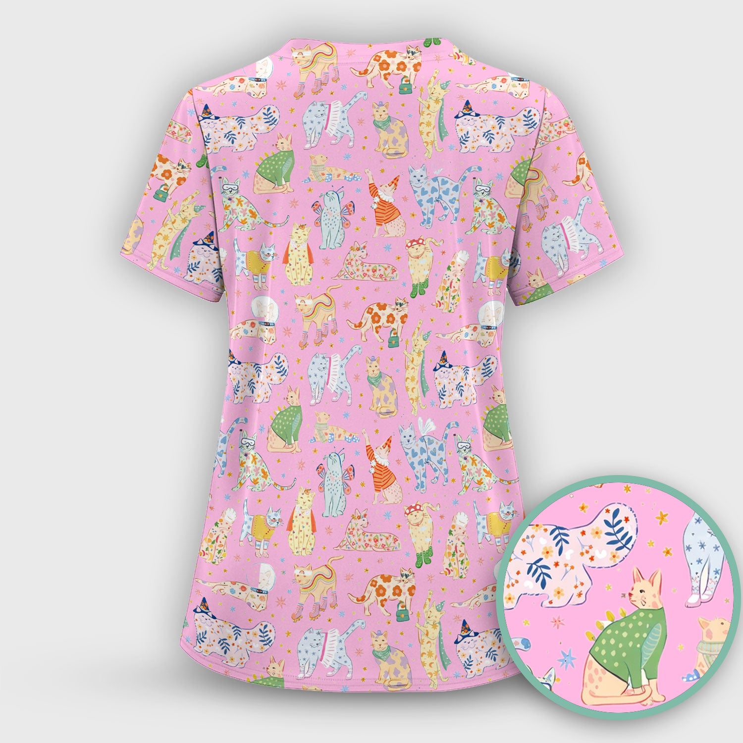 Colorful Pastel Cartoon Cats Print Scrub Top, Breathable Fabrics Nursing Uniform
