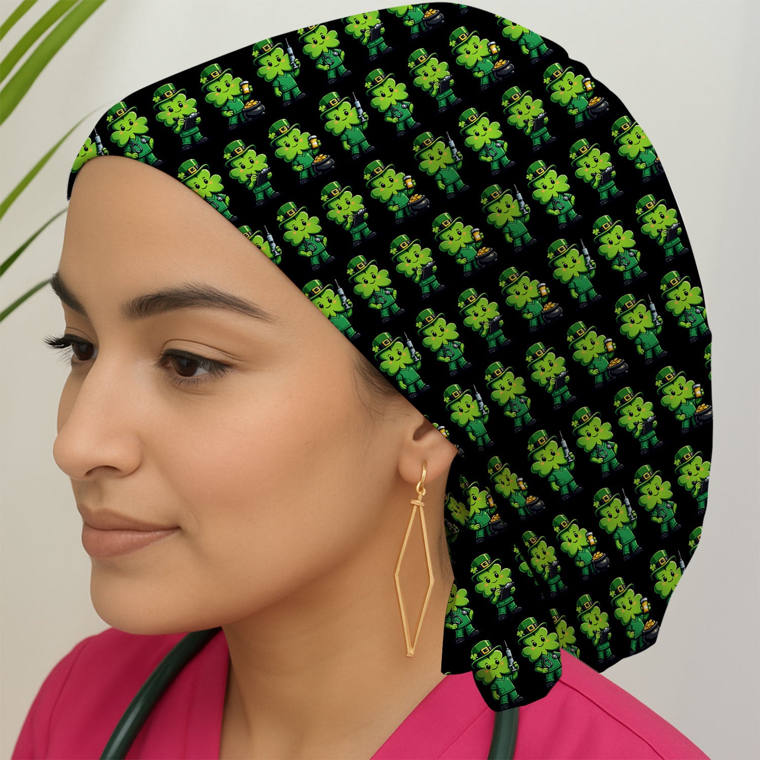 St Patrick Leprechaun Nurse Print Cap, Bouffant Scrub Caps for Women