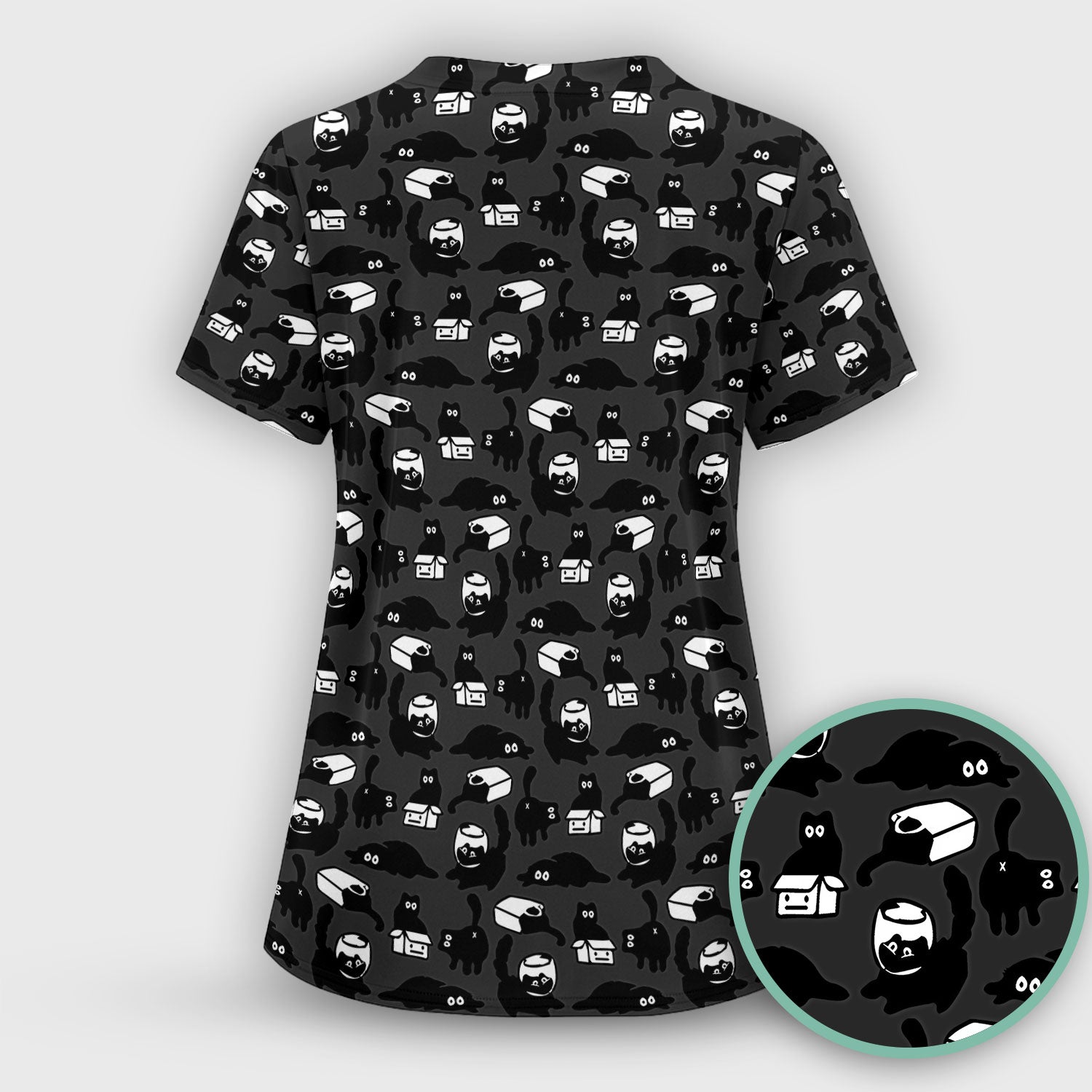 Dark Playful Cat Cartoon Pattern Scrub Top, Comfortable Scrubs for Nurses
