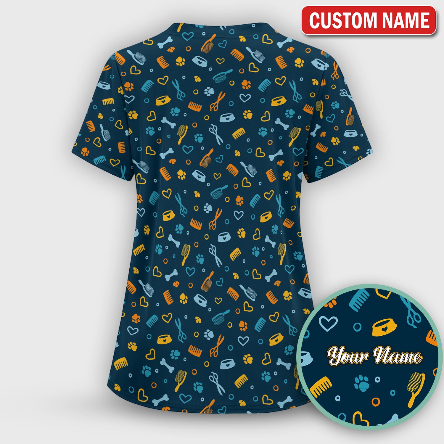Custom Name Dog Cat Grooming Pattern Scrub Top, Breathable Fabrics Nursing Uniform