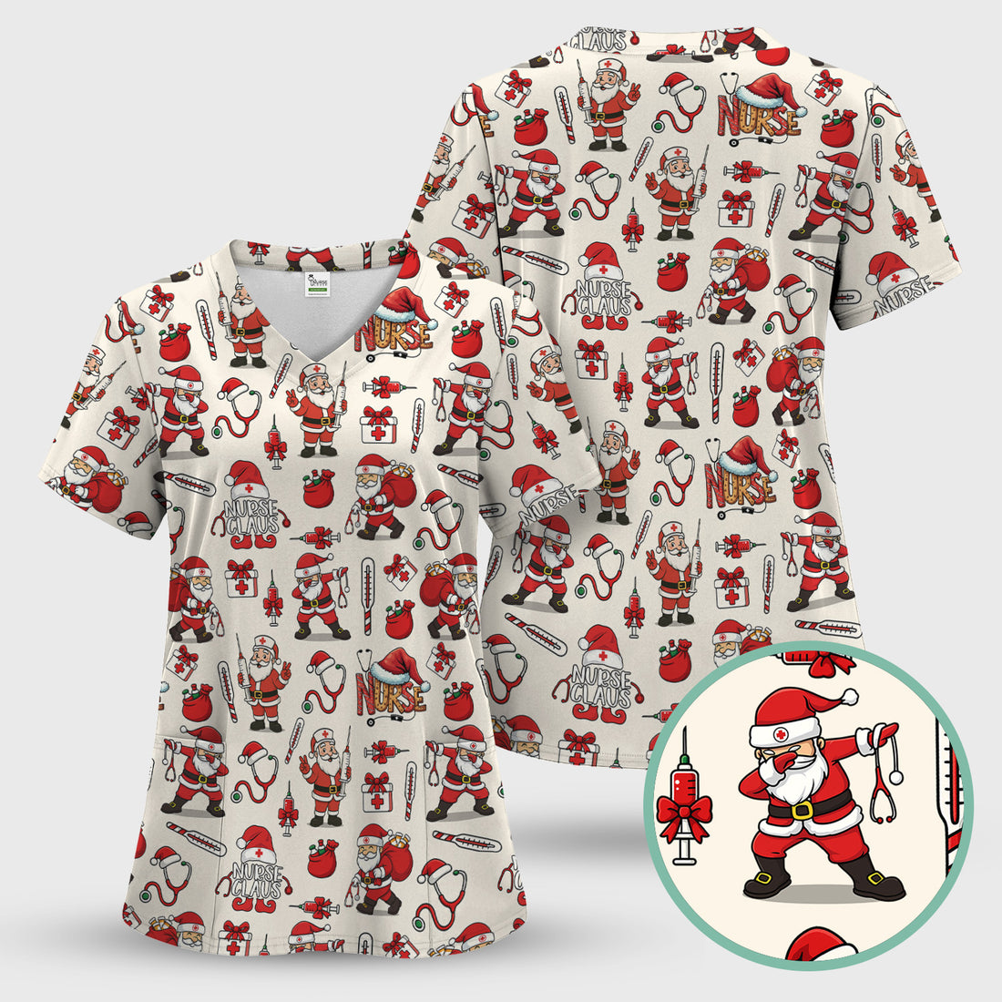 Christmas Nurse Scrub Top Multi Color - Funny Nurse Claus Santa Scrub Shirt - Cute Holiday Nursing Work Shirt with Pockets