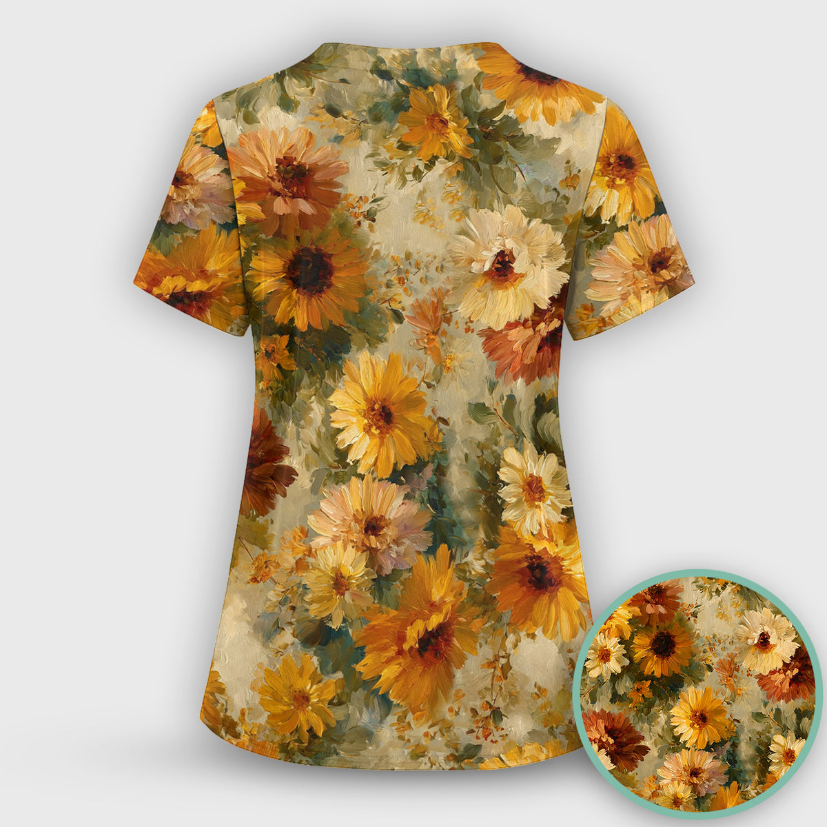 Vintage Sunflower Oil Painting Scrub Set, Scrub Pants and V Neck Top