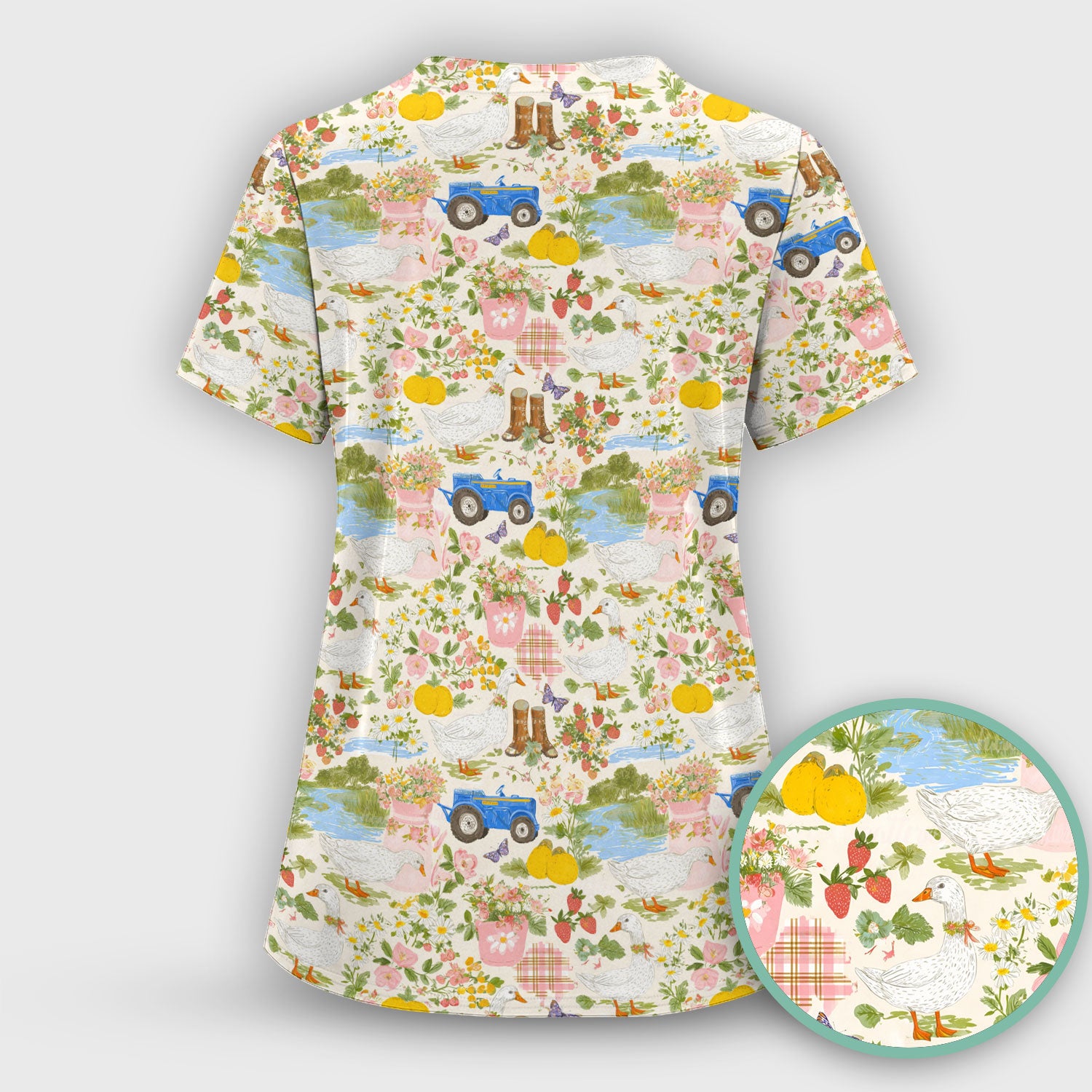 Floral and Duck Pattern Scrub Top, Comfortable Scrubs for Nurses