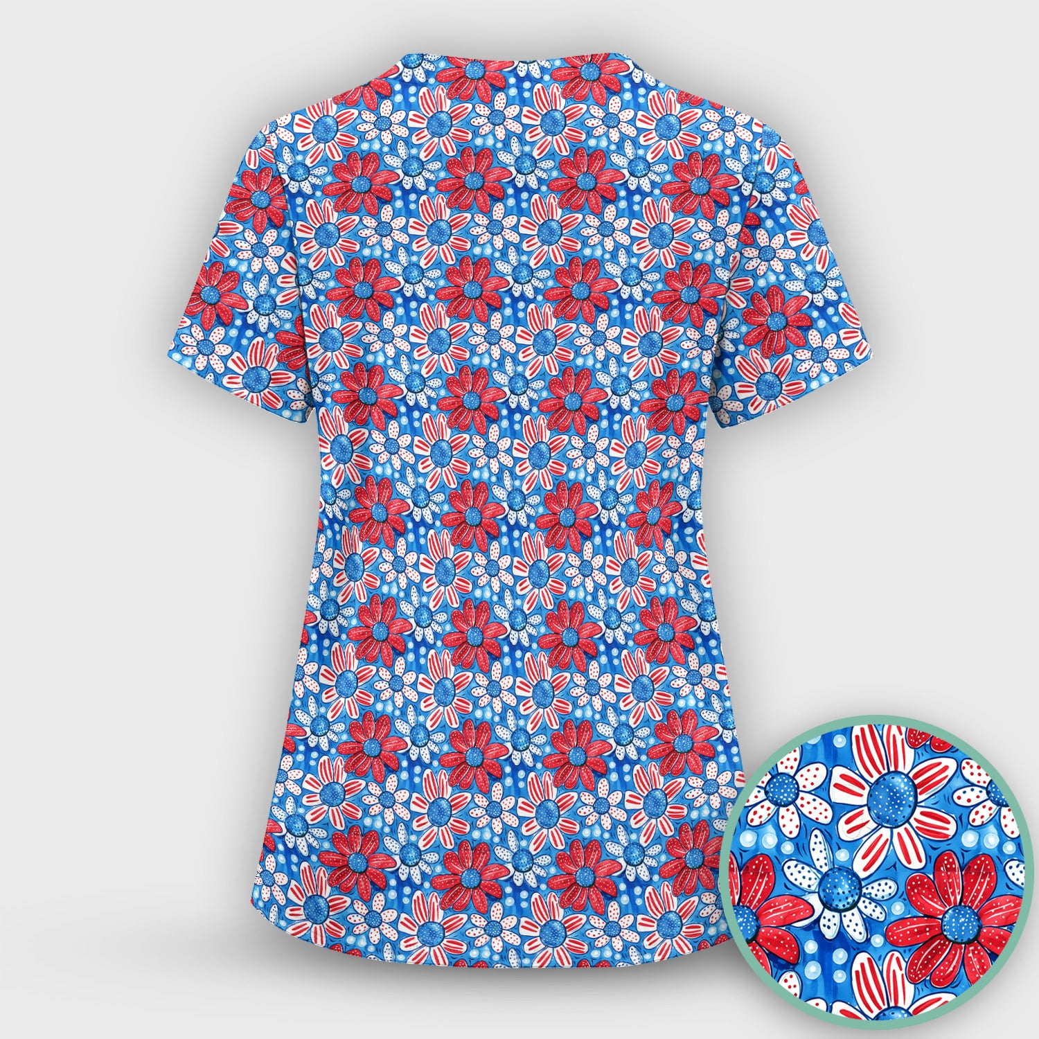 Cute Patriotic Daisy Blossom Repeat Pattern Scrub Set, Scrub Pants and V Neck Top