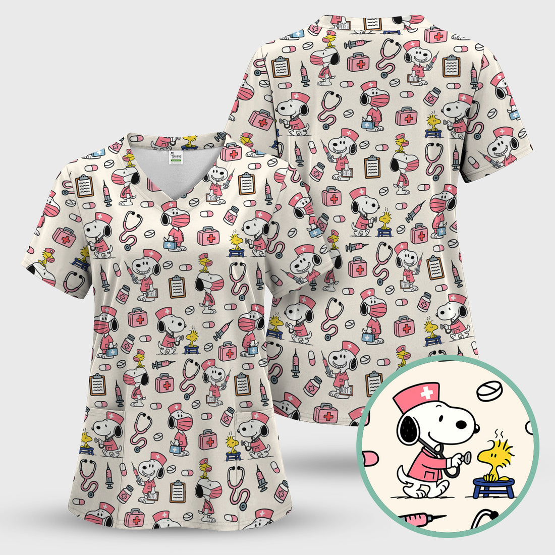 Snoopy Nurse Scrub Top for Women - Custom Medical Scrub Shirt Multi Colors - Cute Cartoon Nursing Work Shirt with Pockets