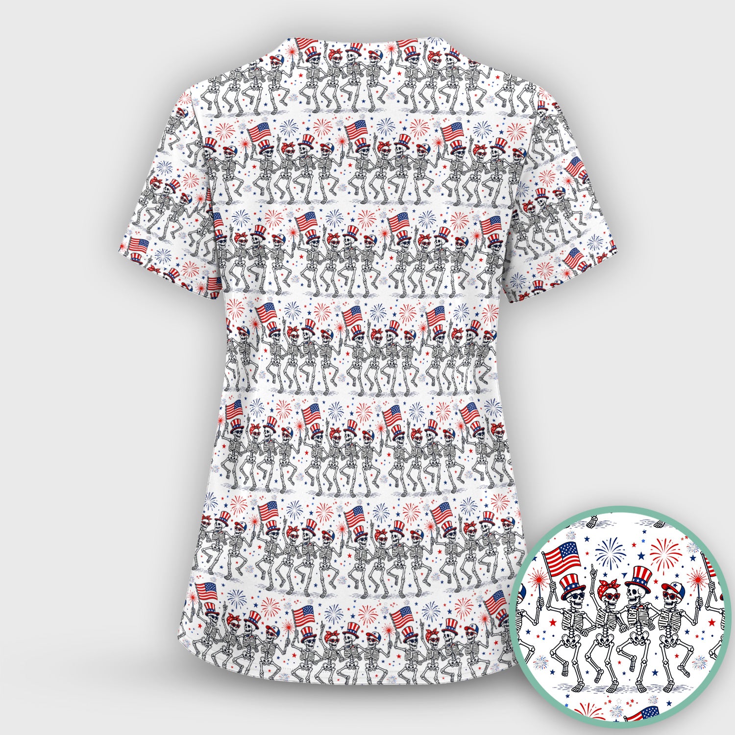 Funny Patriotic Skeleton Pattern, July 4 Medical Scrub Top, Comfortable Scrubs for Nurses