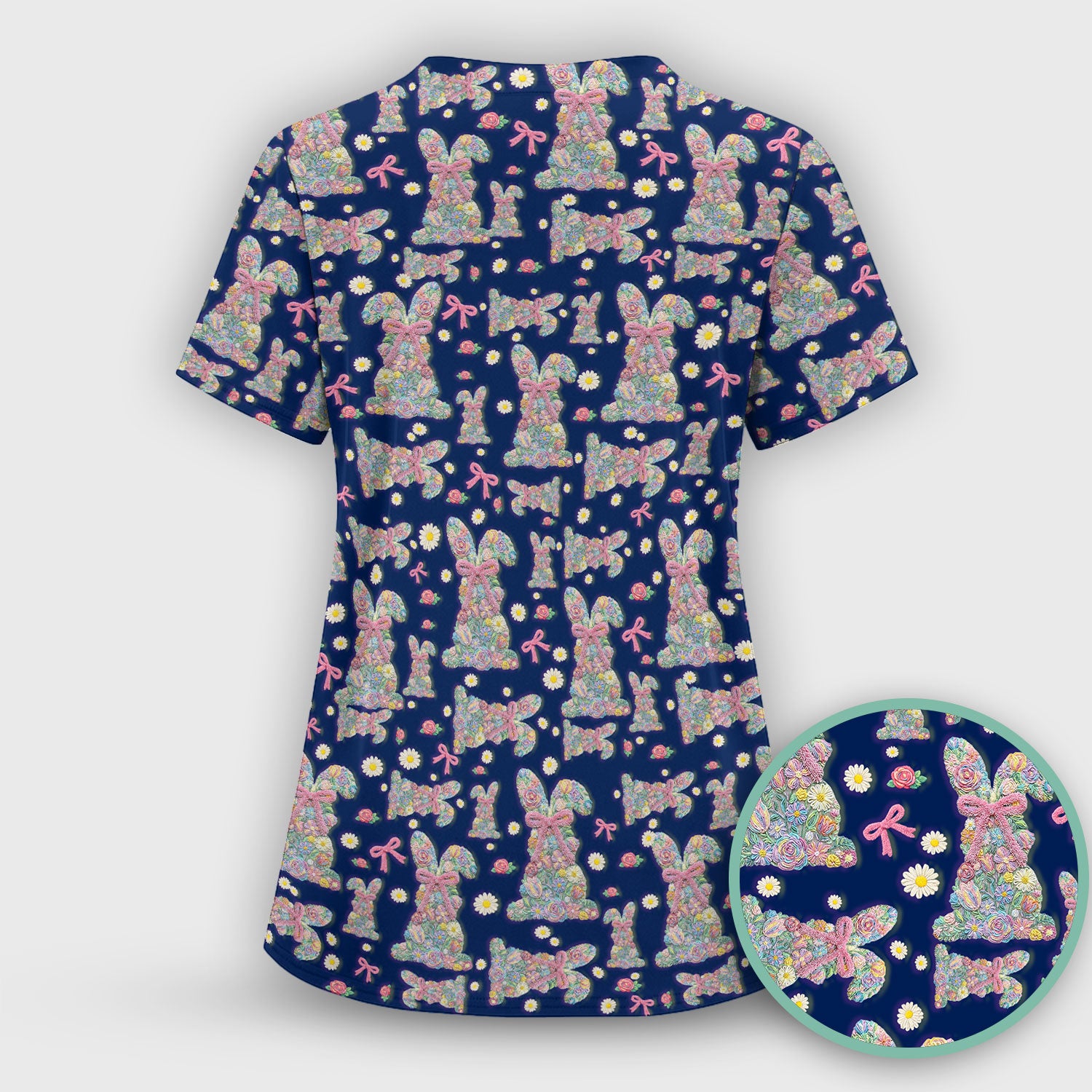 Colorful Floral Bunny with Pink Bow Pattern Scrub Top, Breathable Fabrics Nursing Uniform, Easter