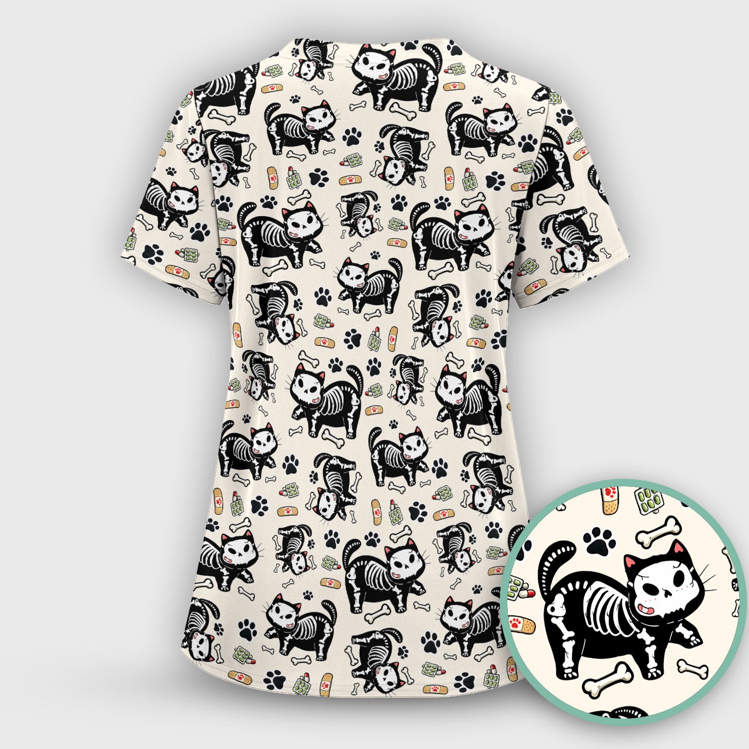 Skeleton Cat Medical Pattern Scrub Set, Scrub Pants and V Neck Top