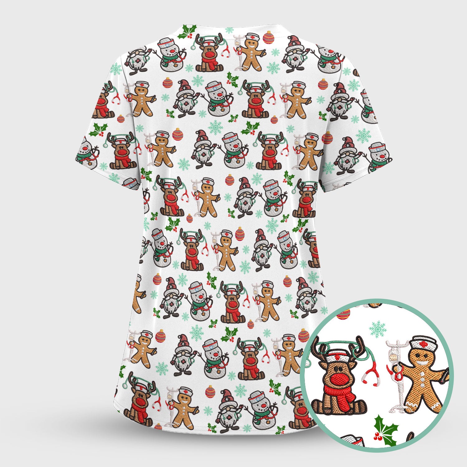 Christmas Gingerbread Scrubs for Women - Comfortable Scrubs for Nurses - Reindeer Santa Med Shirt - Breathable Fabrics Nursing Uniform