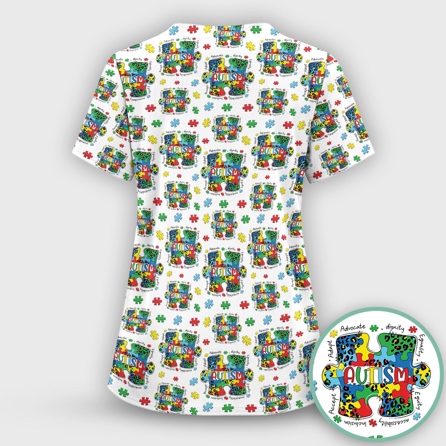 Autism Awareness Puzzle Pattern Scrub Set, Scrub Pants and V Neck Top