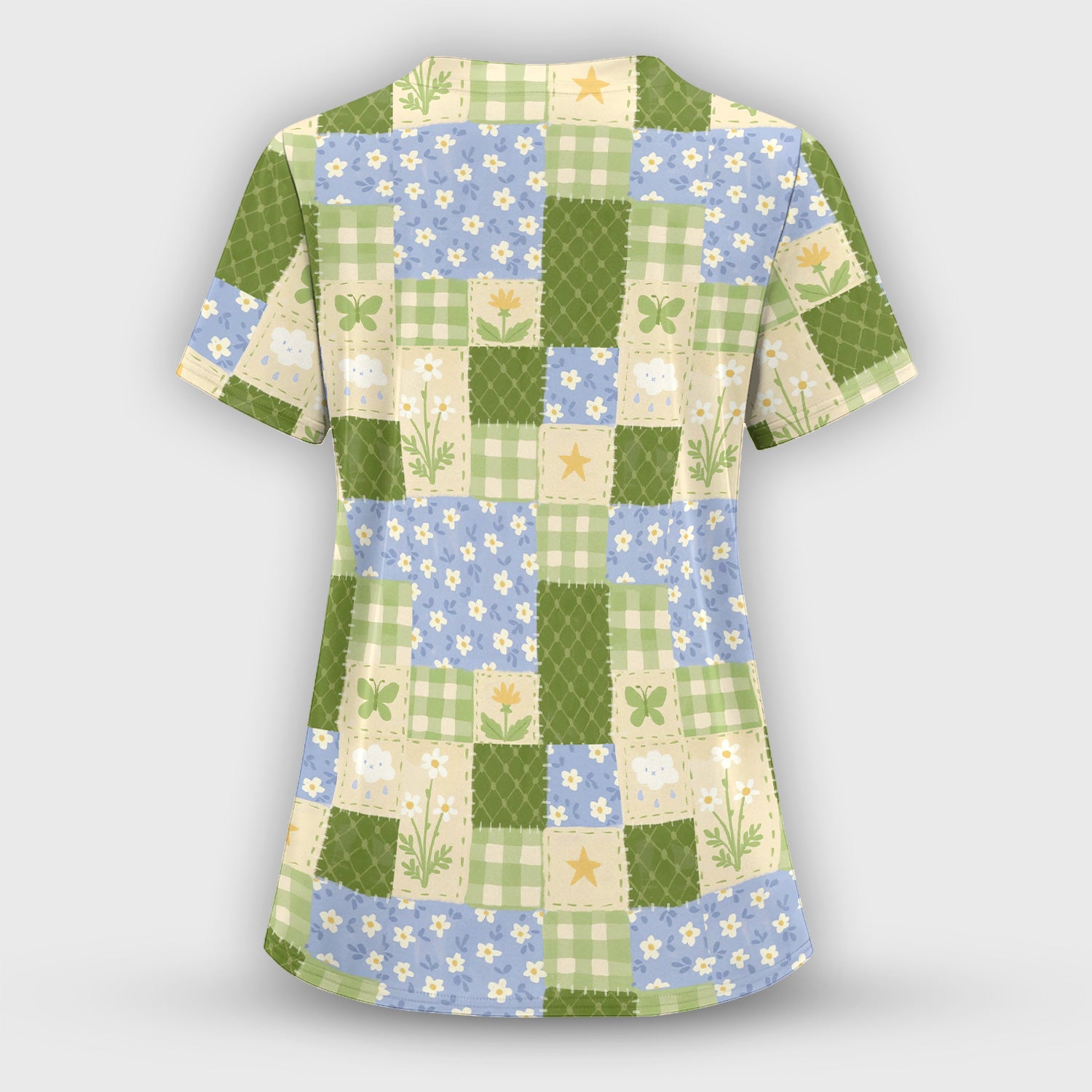 Green Patchwork Clover Floral Pattern Scrub Set, Scrub Pants and V Neck Top