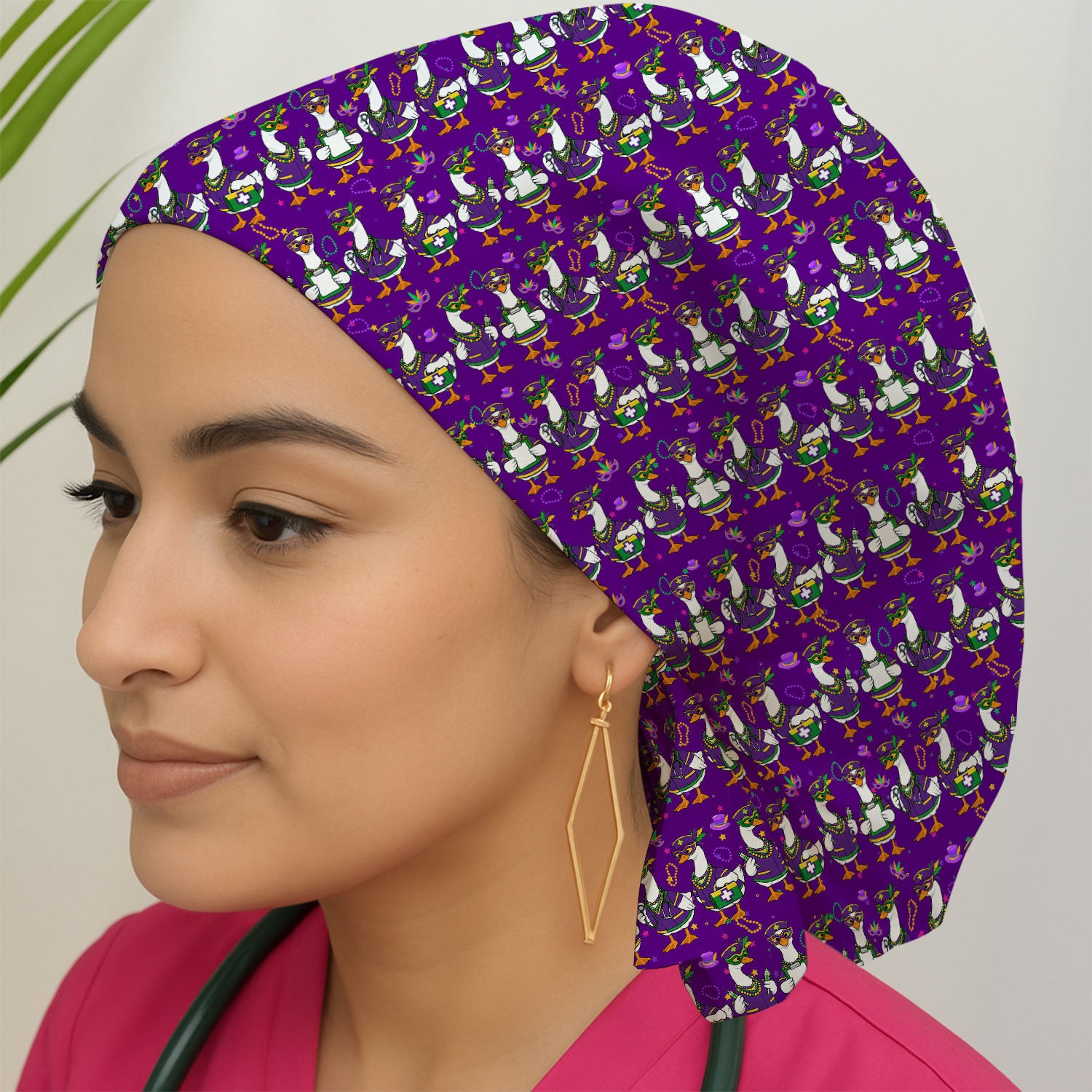 Mardi Gras Nurse Goose Scrub Cap, Purple Carnival Parade Medical Pattern Nurse Hat, Breathable Fabrics Nursing Uniform