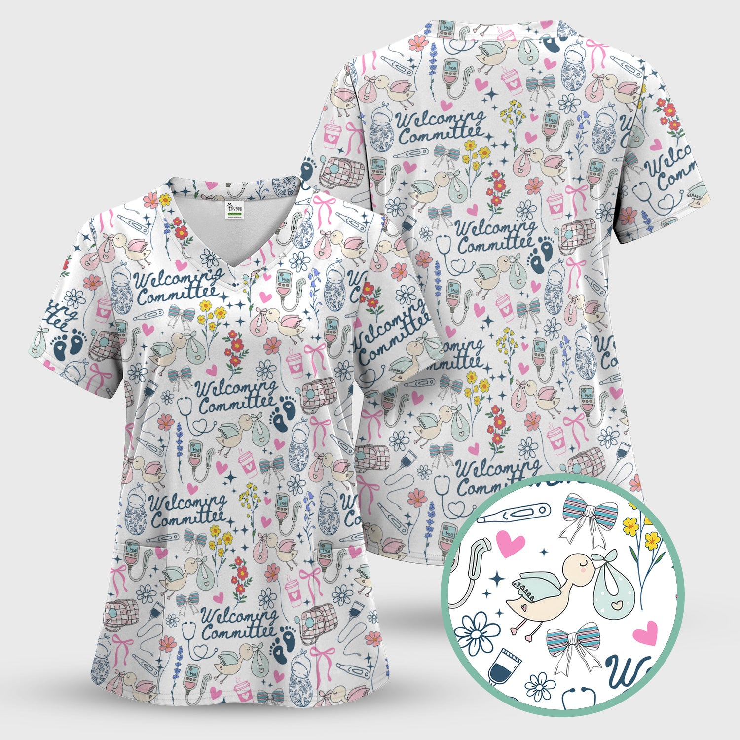 Funny NICU Nurse Tee - Cute Baby Feet & Floral Stork Pattern Graphic - Gift for Women RN LPN