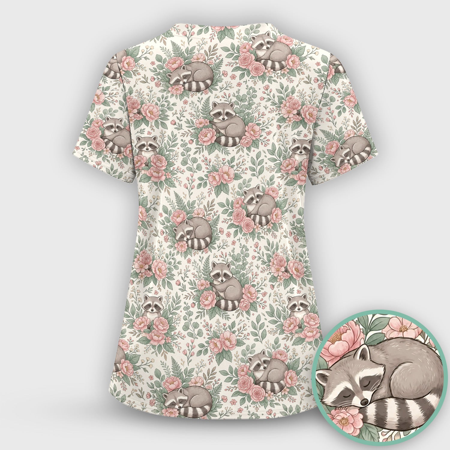 Sleeping Raccoon Rose Garden Pattern Scrub Set, Scrub Pants and V Neck Top