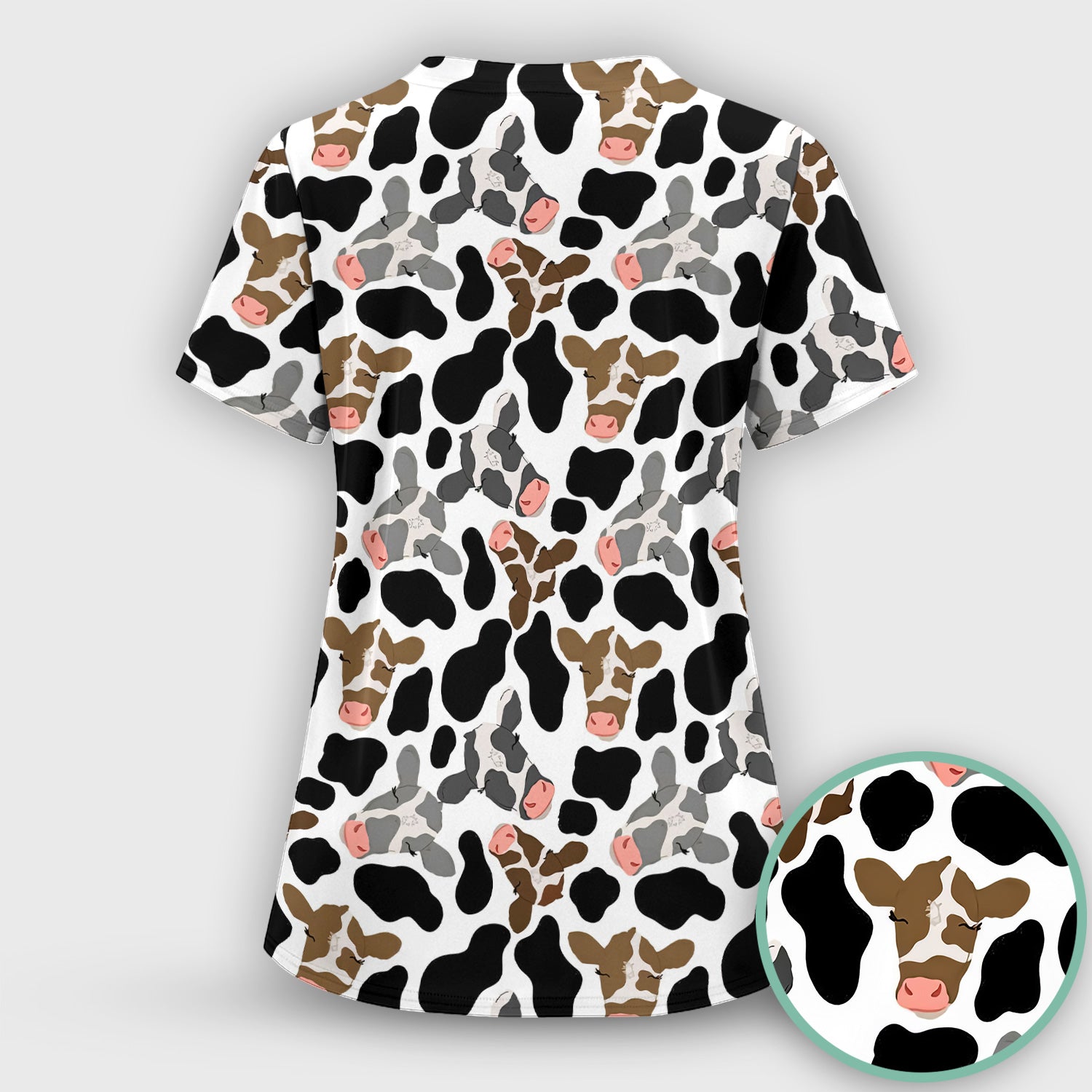Cute Cow Face Black White Pattern Nurse Scrub Set, Scrub Pants and V Neck Top