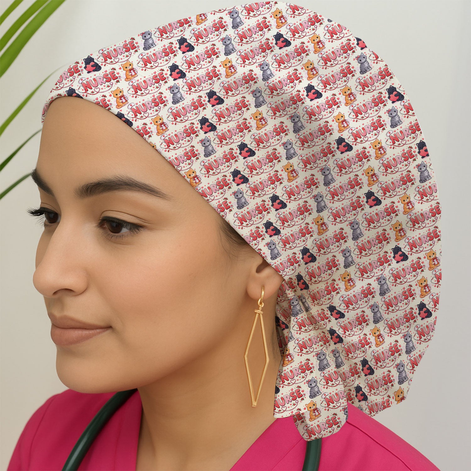 Nurse Cat Heart Pattern Valentine Scrub Cap, Bouffant Scrub Caps for Women