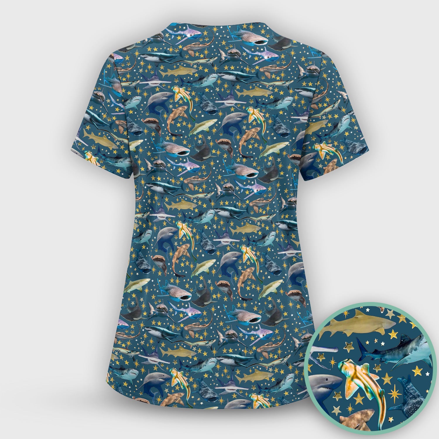 Colorful Shark Ocean Pattern Scrub Top, Breathable Fabrics Nursing Uniform