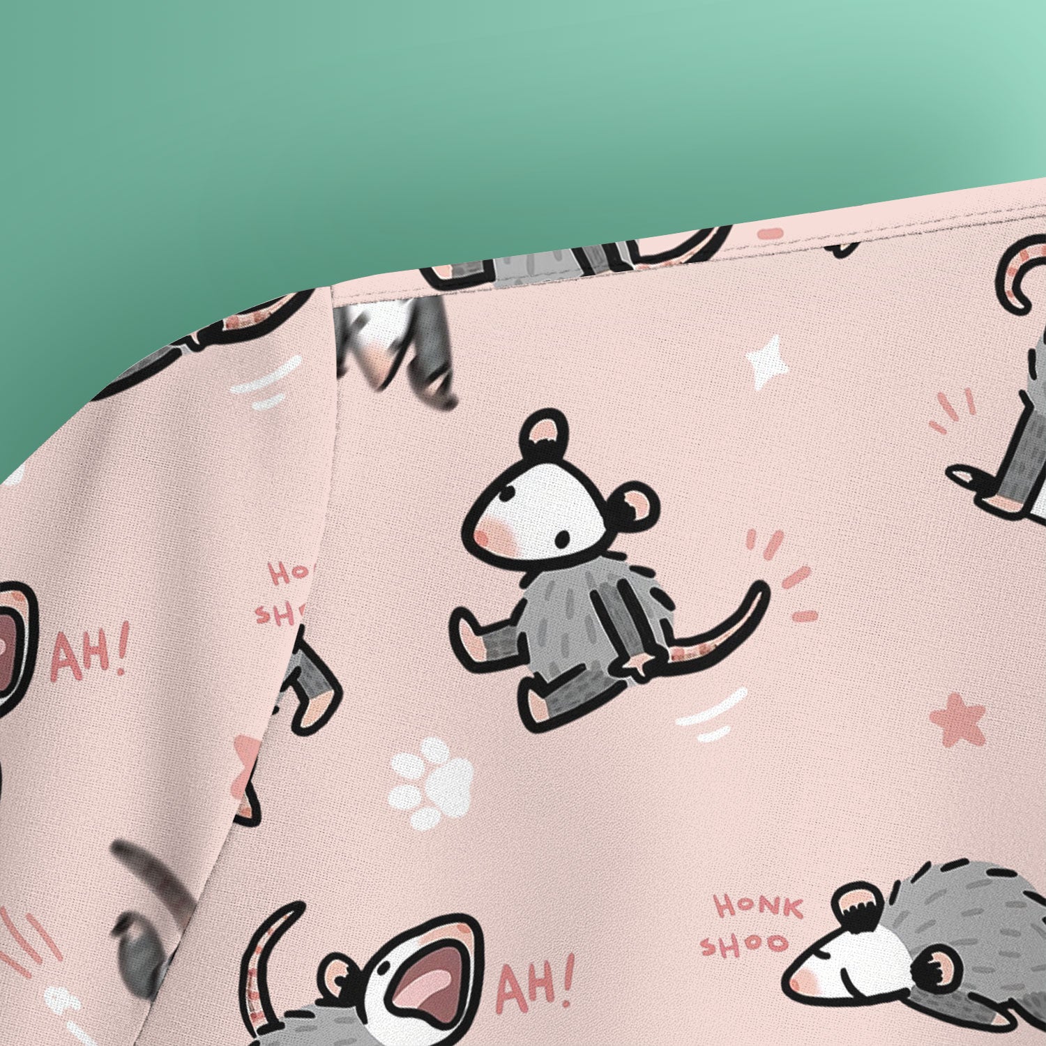 Playful Cartoon Opossum Character Pattern Scrub Top, Breathable Fabrics Nursing Uniform