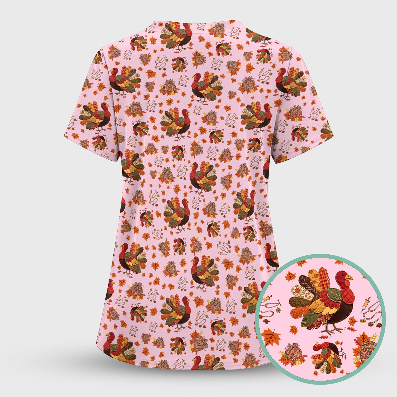 Thanksgiving Turkey Nurse Scrub Top for Women - Fall Leaves Pattern Shirts - Autumn Nursing Uniform Gift for RN LPN CNA