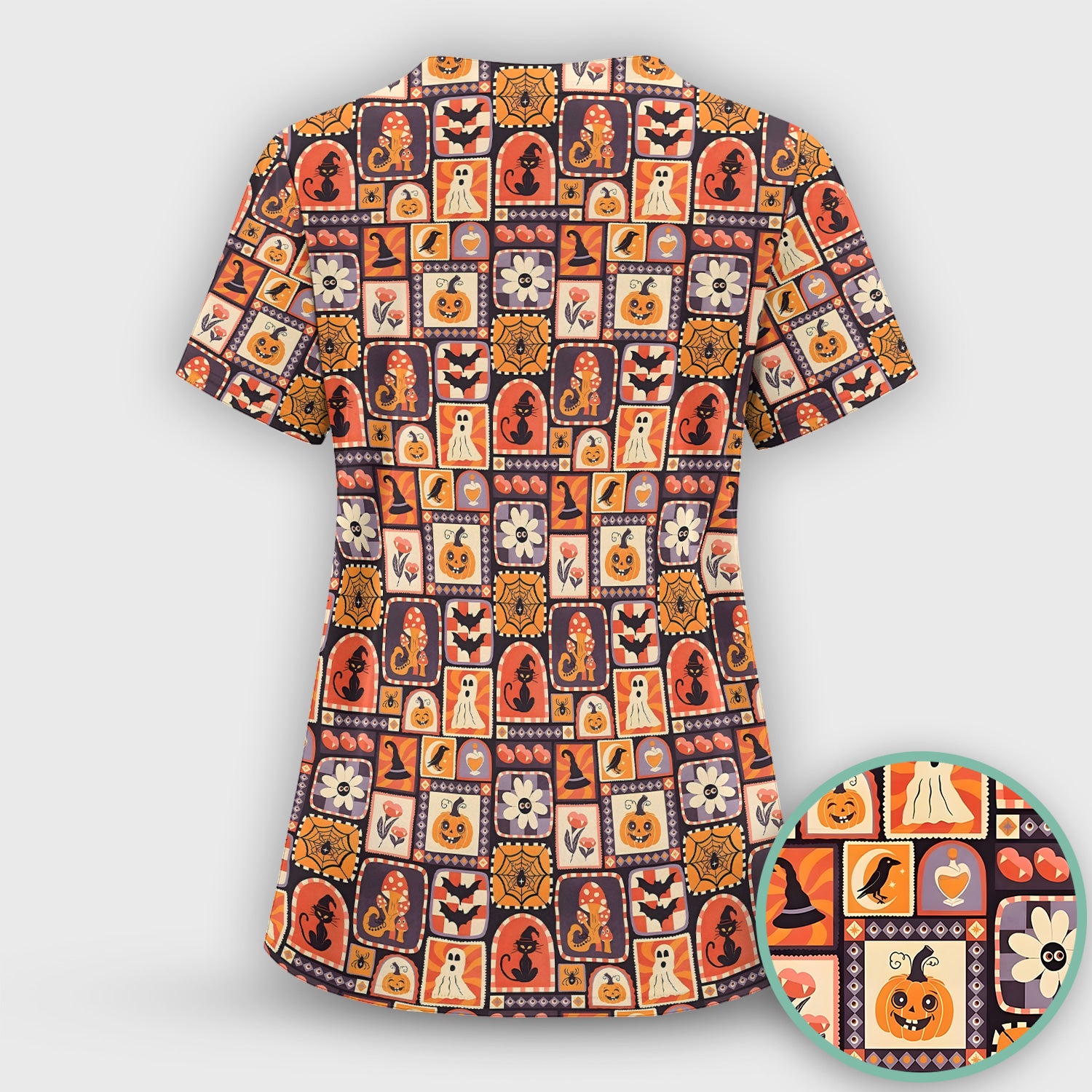 Retro Halloween Patchwork Icons Scrub Top, Comfortable Scrubs for Nurses