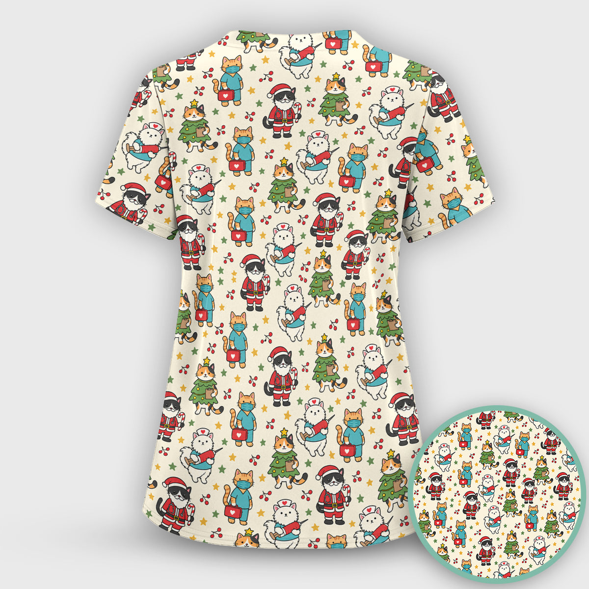 Christmas Cats In Nurse And Santa Outfits Scrub Set, Scrub Pants and V Neck Top