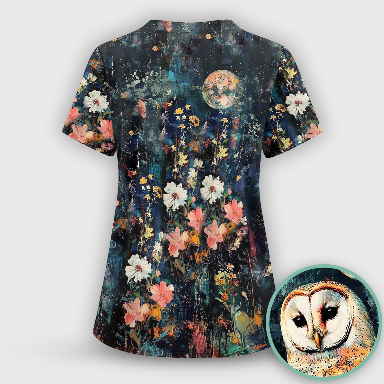 Moonlit Barn Owl Floral Pattern Scrub Top, Comfortable Scrubs for Nurses