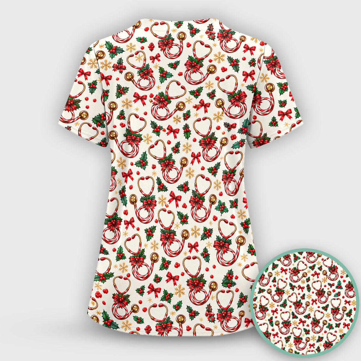 Christmas Candy Cane Stethoscope Pattern Scrub Set, Scrub Pants and V Neck Top