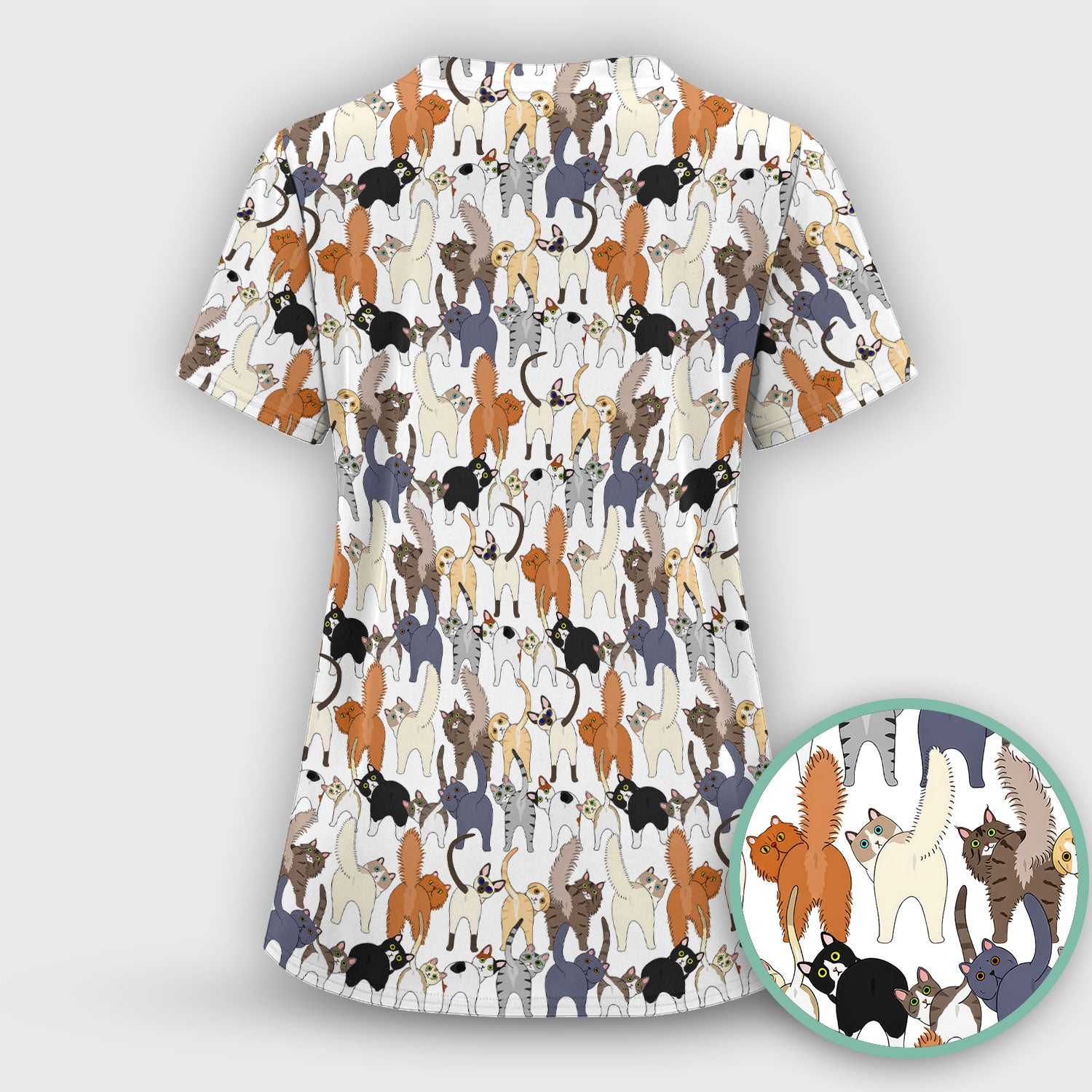 Whimsical Multicolor Cat Cartoon Pattern Scrub Top, Comfortable Scrubs for Nurses